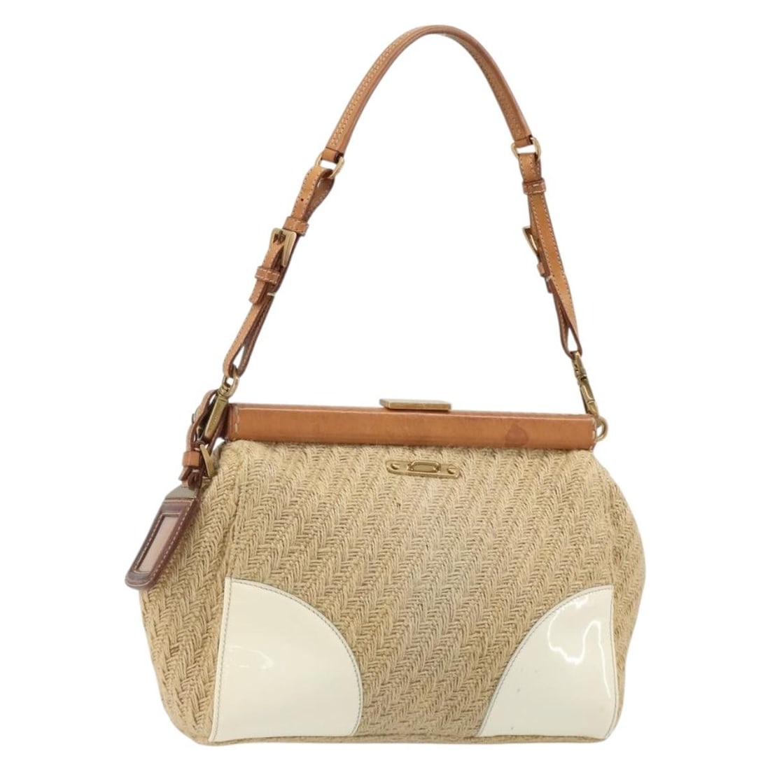 Prada Raffia Shoulder Bag Beige Gold Tone with Name Tag: Prada Raffia Shoulder Bag Beige Gold Tone with Name Tag PRADA shoulder bag in beige and gold, made of wood and crafted in Italy. It comes with a name tag accessory and measures approximately W25 cm x 