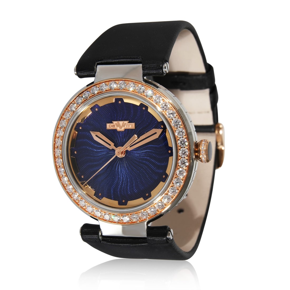 DeWitt Blue Empire Diamond Bezel Quartz Unisex Watch: DeWitt Blue Empire Diamond Bezel Quartz Unisex Watch This DeWitt Blue Empire unisex wristwatch features a round 36mm case crafted from 18kt rose gold and stainless steel. The bezel is set with diamond