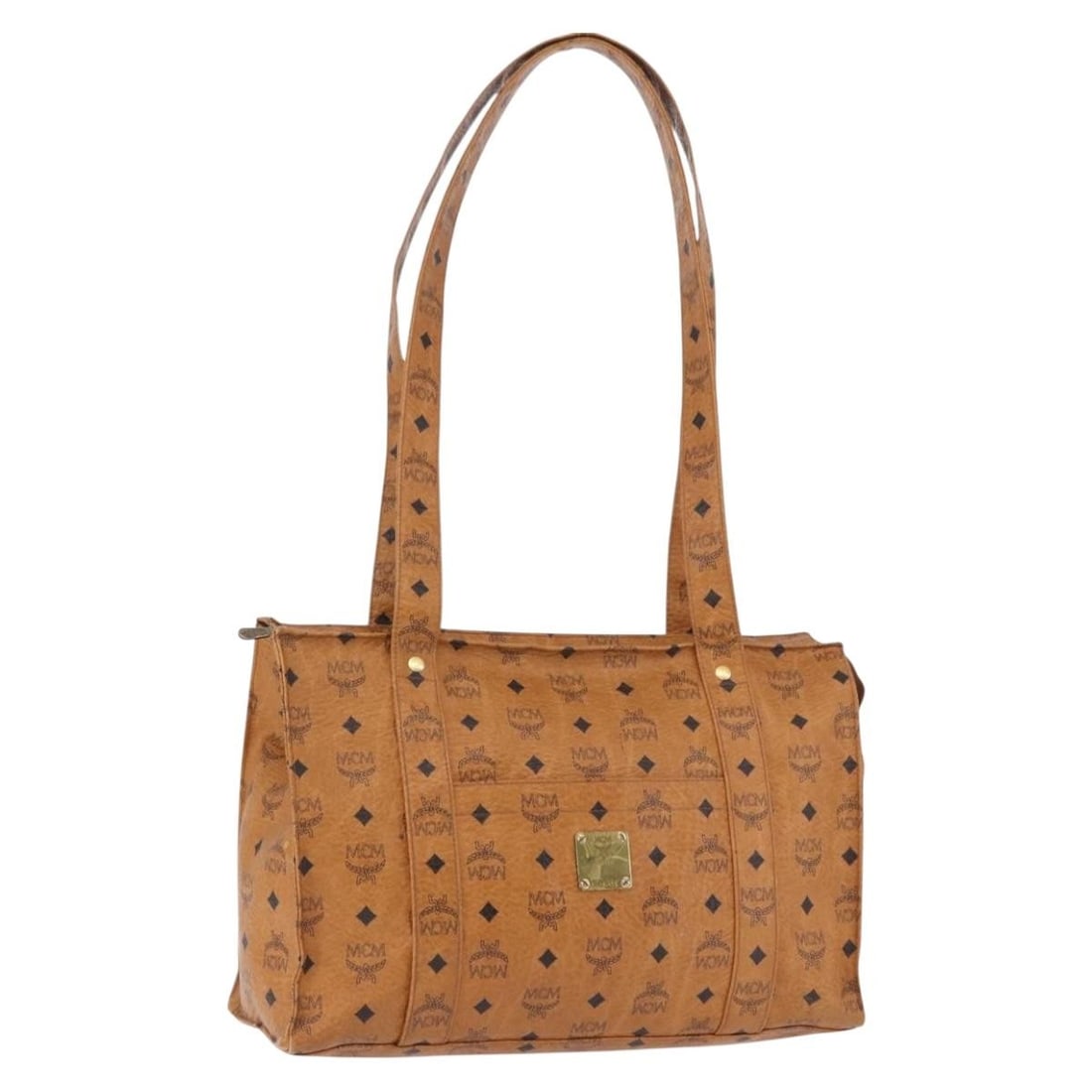 MCM Brown Gold PVC Leather Tote Bag Germany BA14482A: MCM Brown Gold PVC Leather Tote Bag Germany BA14482A MCM Vicetos logogram tote bag in brown and gold PVC leather. This tote bag was made in Germany and features a brown/gold colorway. Condition is hea