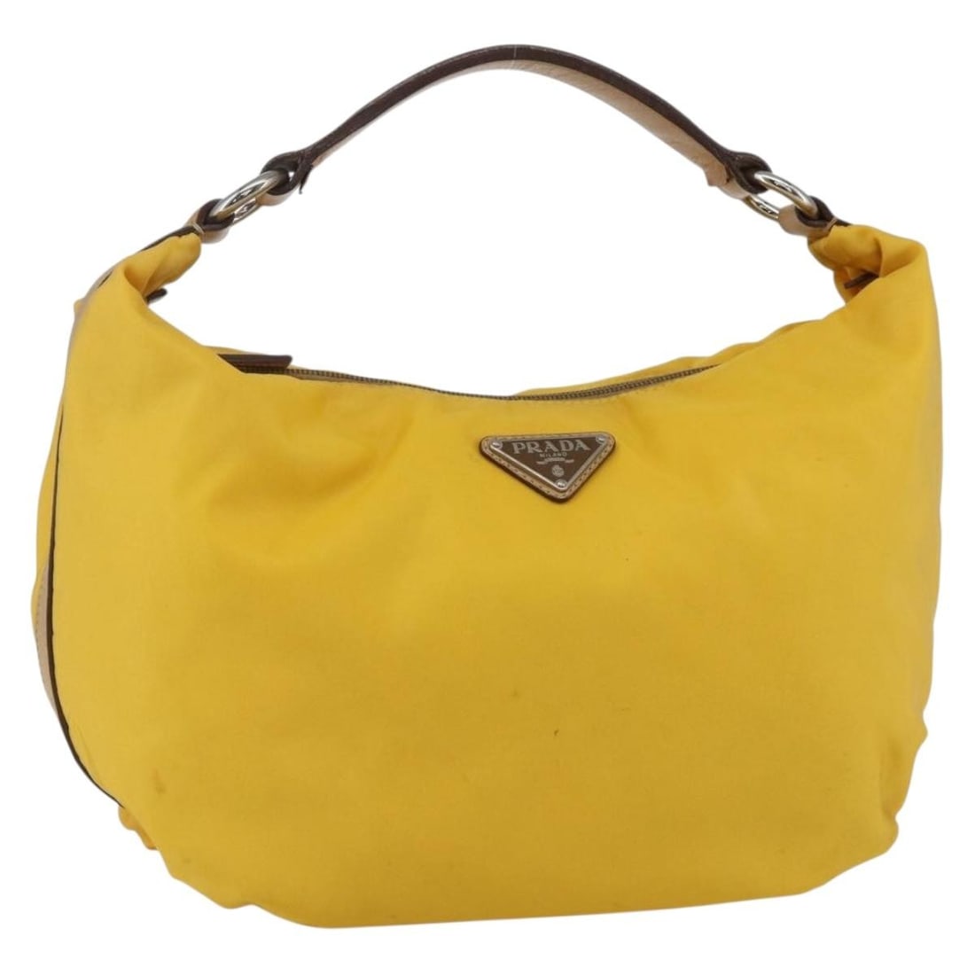 PRADA Yellow Silver Nylon Shoulder Bag Made in Italy: PRADA Yellow Silver Nylon Shoulder Bag Made in Italy A Prada shoulder bag in yellow nylon with silver-tone hardware. Made in Italy, it measures approximately 36 cm W x 21 cm H x 8 cm D, with a shoulde