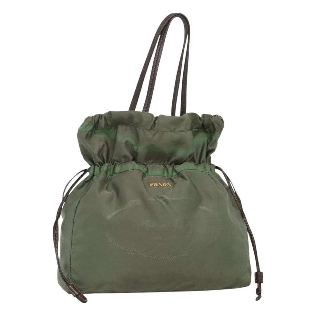 Prada green nylon tote with guarantee card Italy: Prada green nylon tote with guarantee card Italy This PRADA tote bag features a green and gold nylon exterior with gold-tone accents. Designed for women, it offers ample storage with a spacious interi