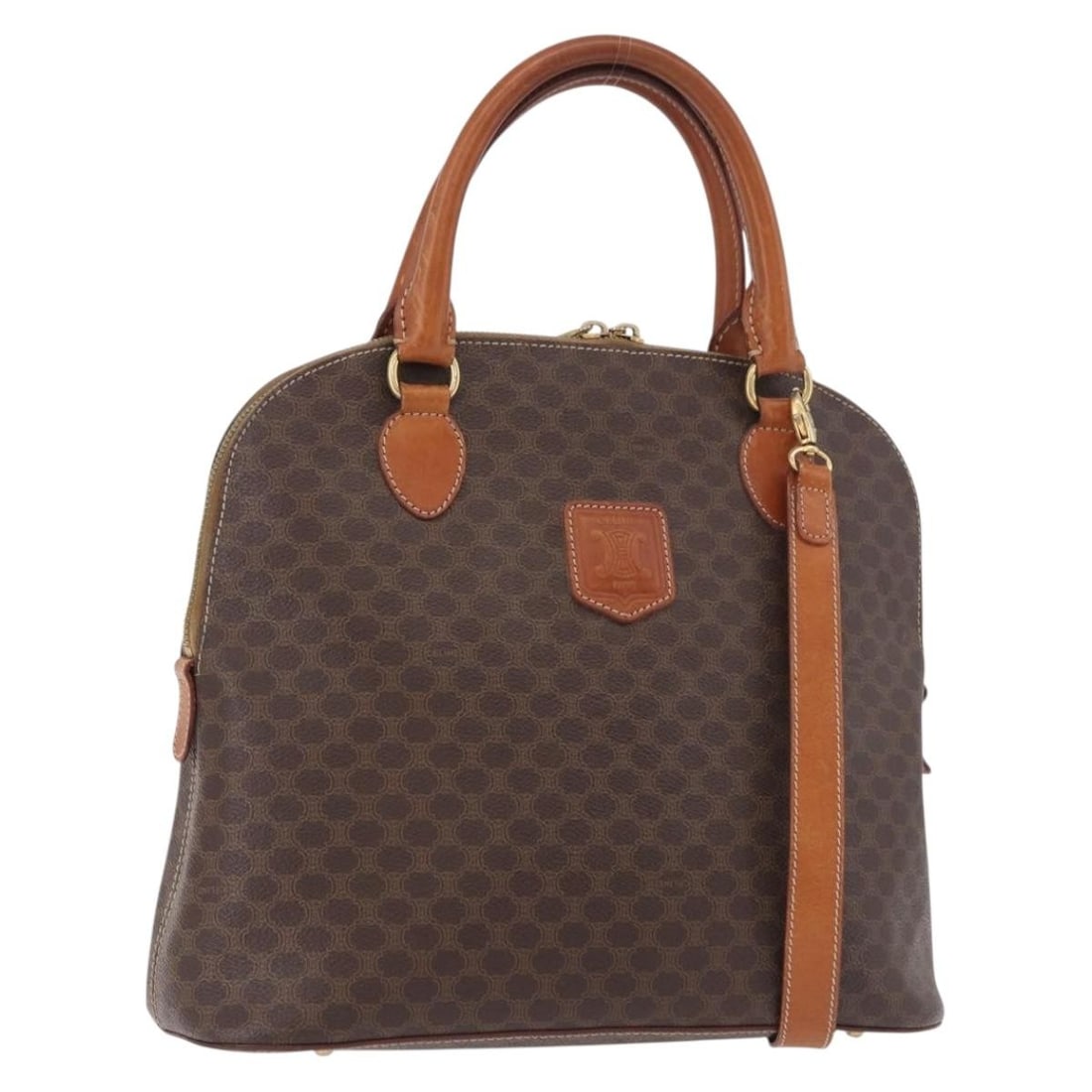 CELINE Macadam 2way Hand Bag Brown PVC Leather with Shoulder Strap: CELINE Macadam 2way Hand Bag Brown PVC Leather with Shoulder Strap This CELINE handbag is crafted from PVC leather and Macadam canvas in a brown and gold color combination. It is a 2-way hand bag styl