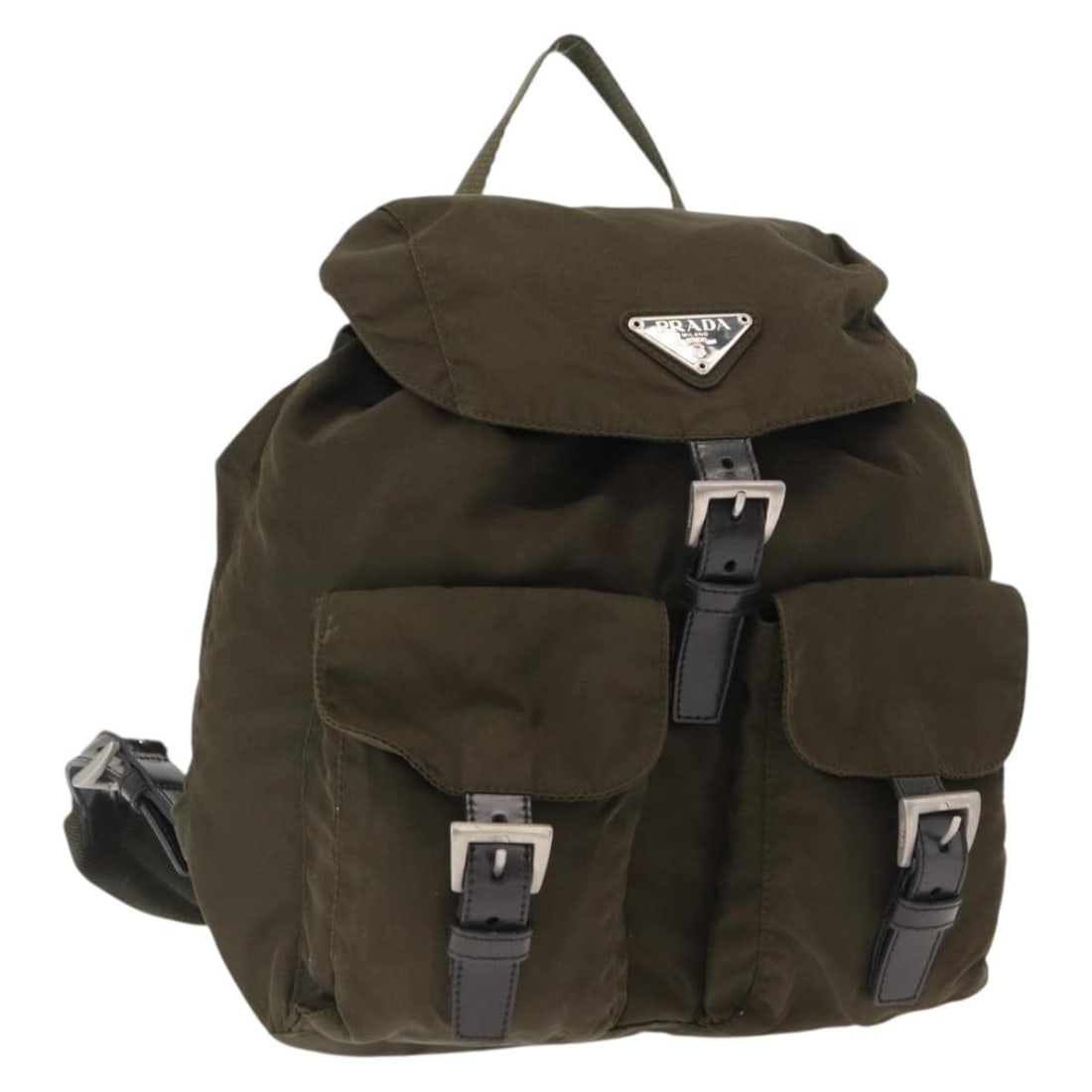 PRADA Khaki Nylon Backpack Silver Tone Hardware Italy: PRADA Khaki Nylon Backpack Silver Tone Hardware Italy Prada backpack in khaki and silver nylon, made in Italy. Designed for women, this backpack measures approximately 23 cm W x 25 cm H x 12 cm D (9.1