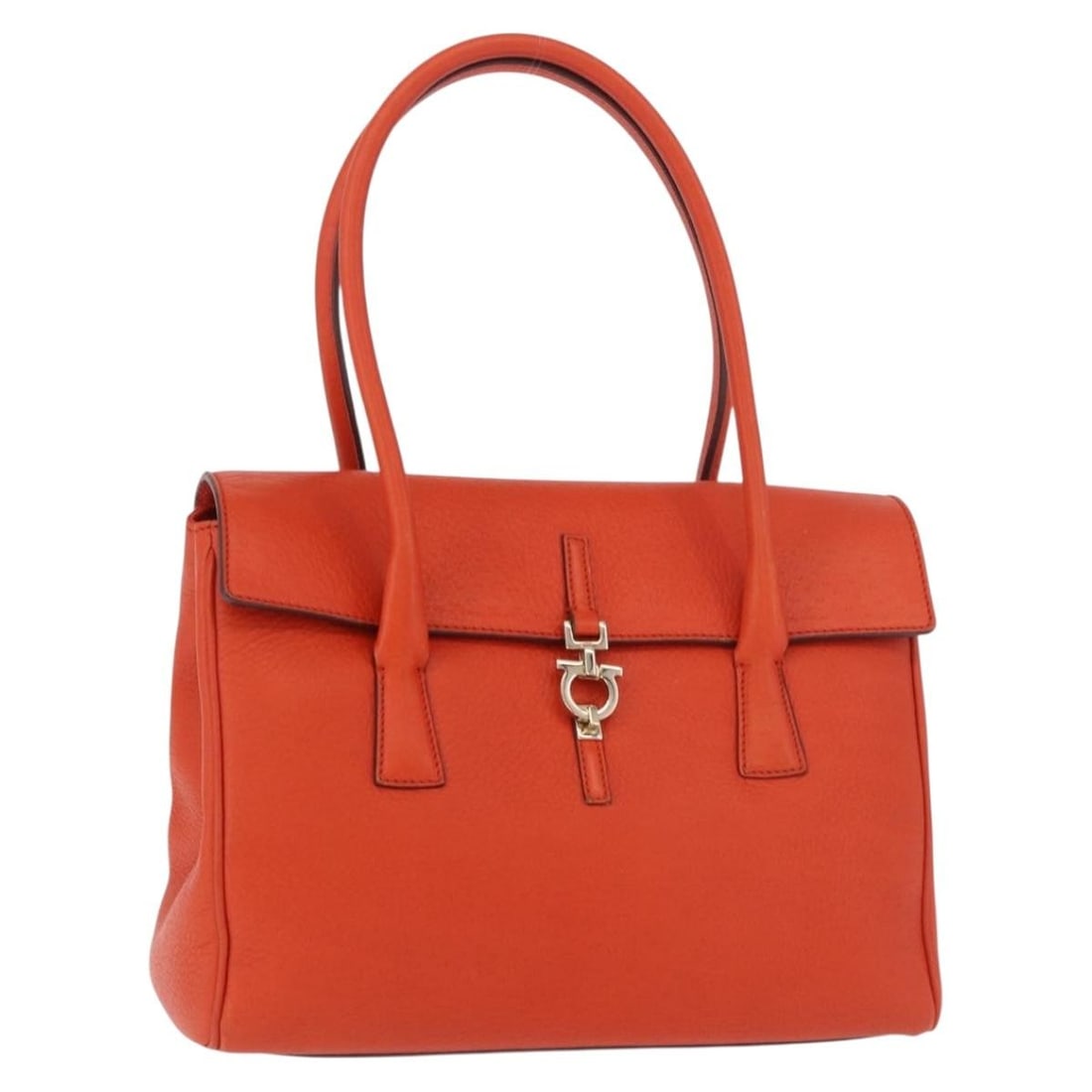 Salvatore Ferragamo Gancini Orange Leather Handbag Gold Tone: Salvatore Ferragamo Gancini Orange Leather Handbag Gold Tone Salvatore Ferragamo Gancini hand bag in leather with an orange and gold colorway. Made in Italy, this women's handbag features a handle dro