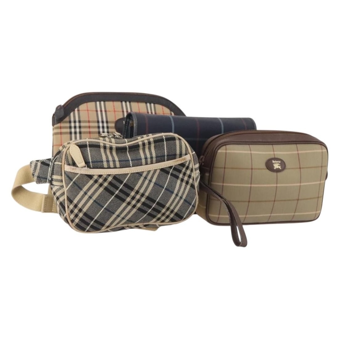 Set of 4 Burberrys Nova Check Canvas Shoulder Bags Brown Beige Navy: Set of 4 Burberrys Nova Check Canvas Shoulder Bags Brown Beige Navy Burberrys Nova Check canvas shoulder bag set in brown, beige, and navy. The item is listed as a special set sale and is in heavily u