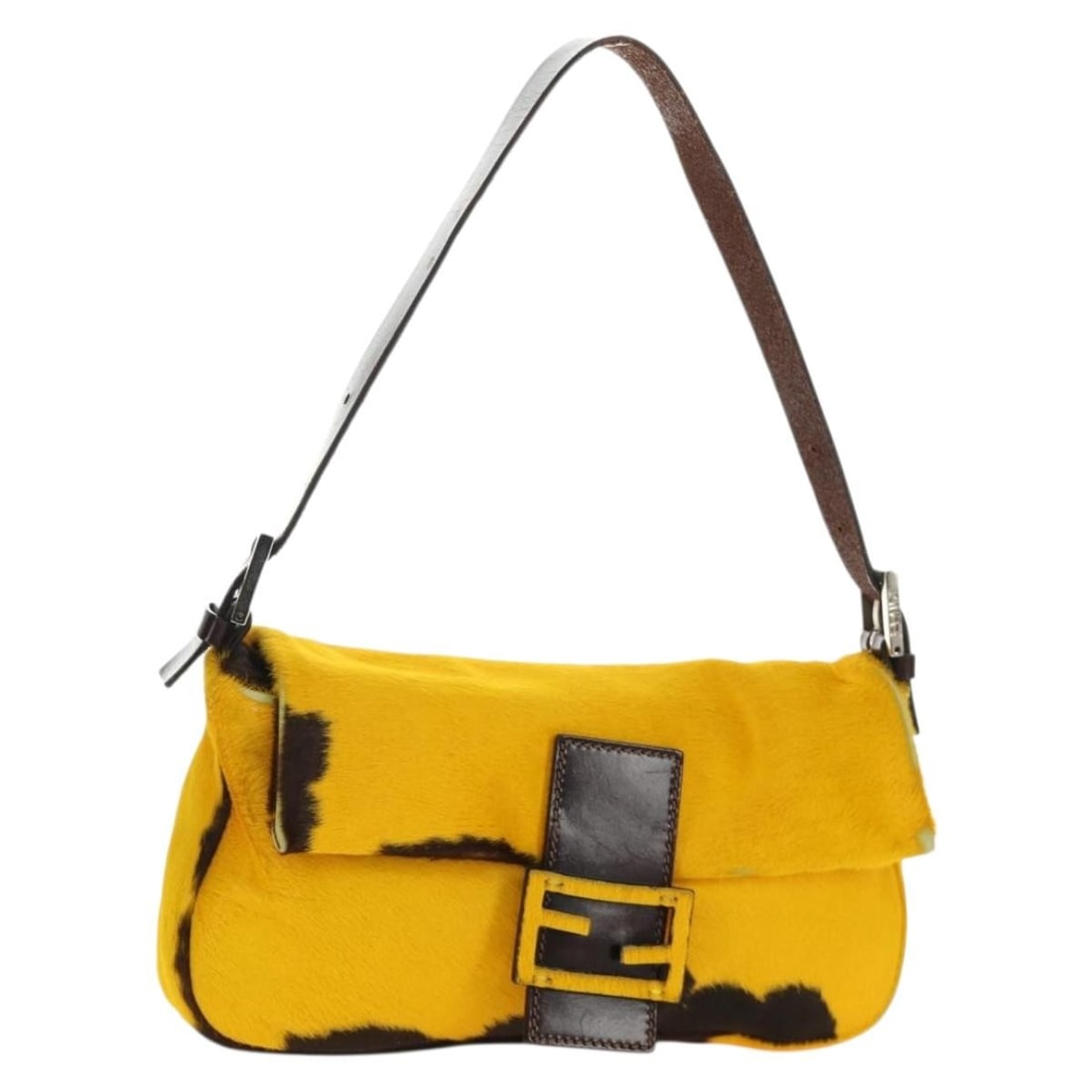 FENDI Mamma Baguette Yellow Silver Unborn Calf Skin Shoulder Bag: FENDI Mamma Baguette Yellow Silver Unborn Calf Skin Shoulder Bag This FENDI Mamma Baguette shoulder bag is crafted from unborn calf skin in a striking yellow and silver color combination. Made in Ital