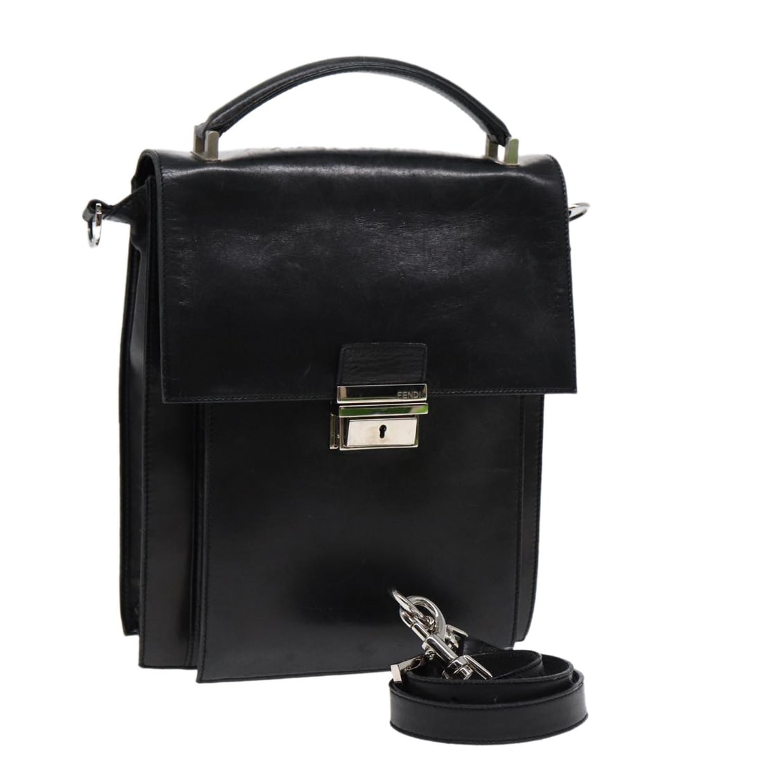 Fendi Black Leather Two Way Handbag with Silver Accents and Dust Bag: Fendi Black Leather Two Way Handbag with Silver Accents and Dust Bag This FENDI two-way handbag is crafted from black leather with silver-tone accents. Designed for women, it features both handles and