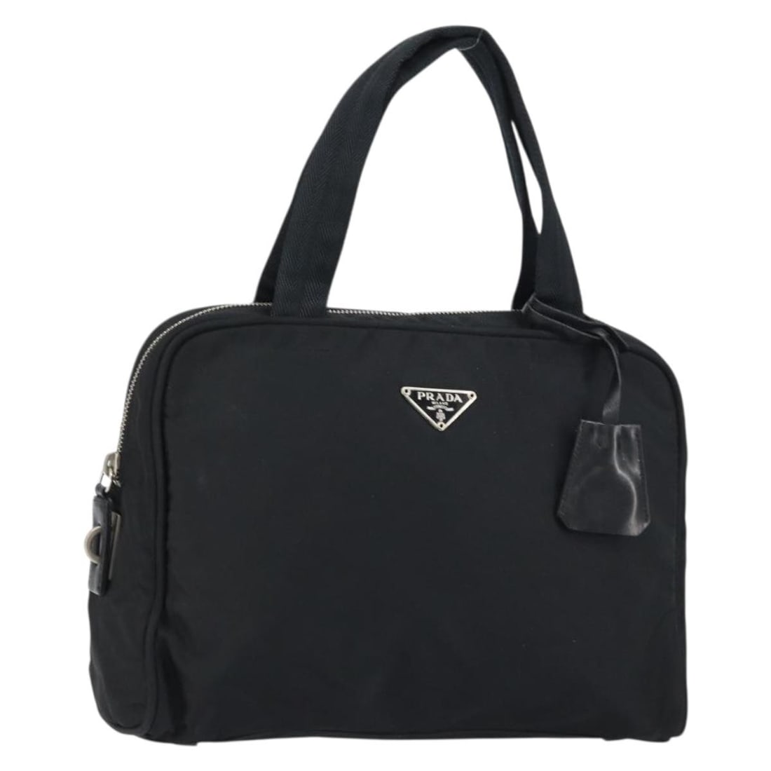 Prada Black Nylon Handbag with Silver Tone Accents and Padlock: Prada Black Nylon Handbag with Silver Tone Accents and Padlock This PRADA handbag features durable black nylon with silver-tone accents. It offers a spacious interior, making it suitable for daily use