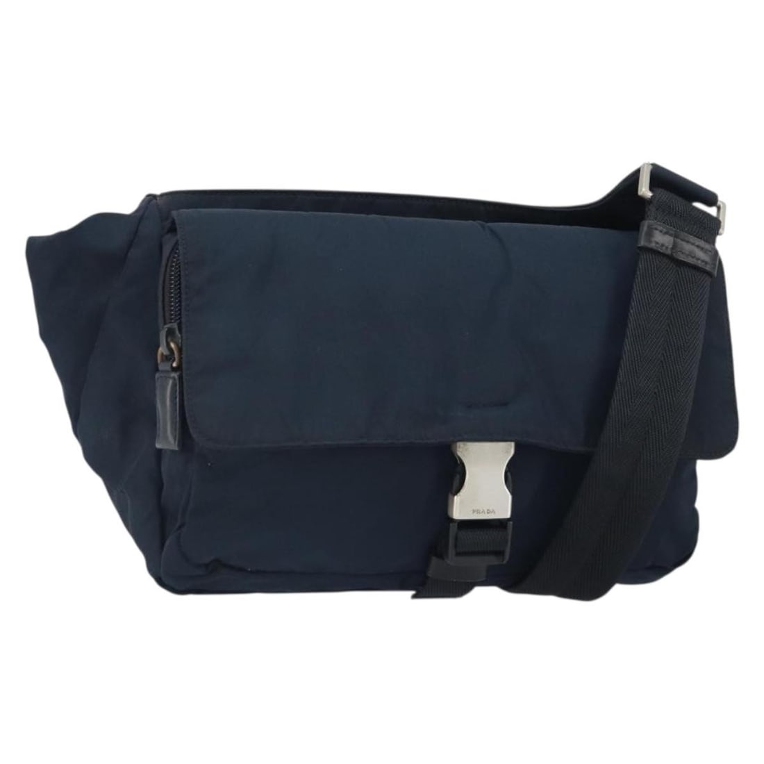 Prada Navy Nylon Shoulder Bag with Silver Tone Accents and Guarantee Card: Prada Navy Nylon Shoulder Bag with Silver Tone Accents and Guarantee Card This PRADA shoulder bag features a durable nylon exterior in navy with silver-tone accents. The bag is designed with a practic