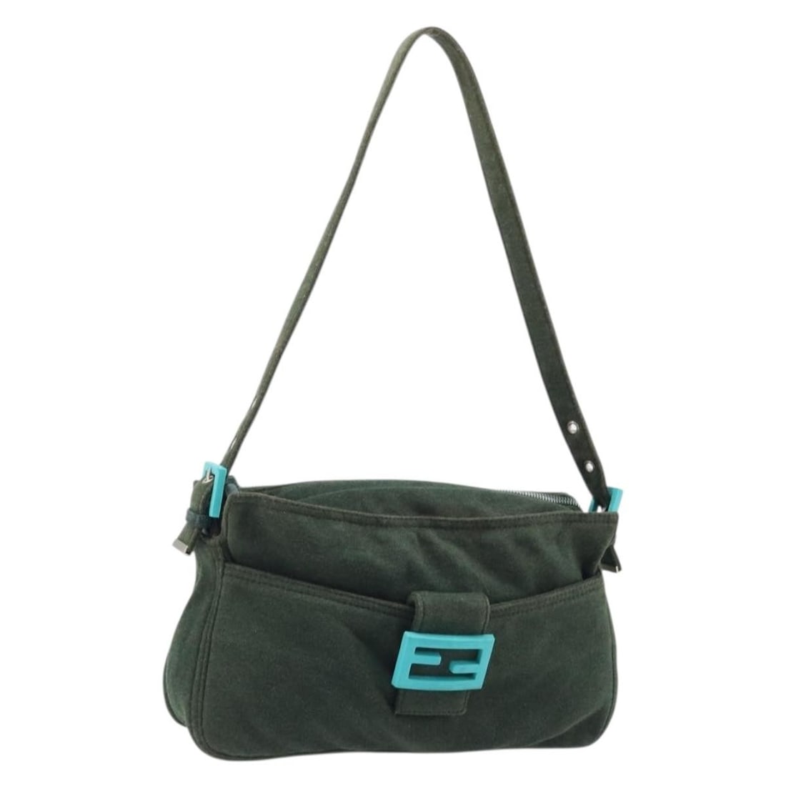 FENDI Mamma Baguette Cotton Handbag Green Silver Tone: FENDI Mamma Baguette Cotton Handbag Green Silver Tone Fendi Mamma Baguette hand bag in green and silver cotton, made in Italy. This women's bag features a handle drop of approximately 11.8 to 13.8 inc