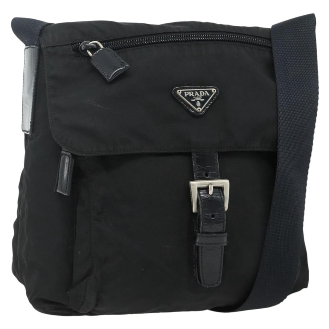 PRADA Black Nylon Shoulder Bag with Silver Tone Hardware: PRADA Black Nylon Shoulder Bag with Silver Tone Hardware PRADA women's shoulder bag made from nylon in black and silver, crafted in Italy. It measures approximately 22 cm wide, 20 cm high, and 10 cm d