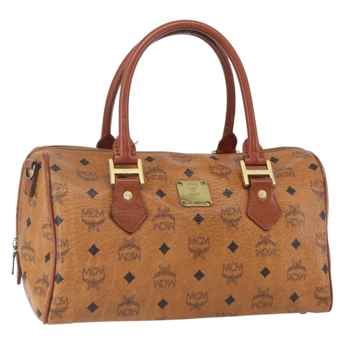 MCM Logogram Mini Boston Bag PVC Leather Brown Gold Authentic 151771: MCM Logogram Mini Boston Bag PVC Leather Brown Gold Authentic 151771 This MCM Logogram Vicetos Mini Boston Bag is a stylish accessory crafted from durable PVC leather in a sophisticated brown and gold
