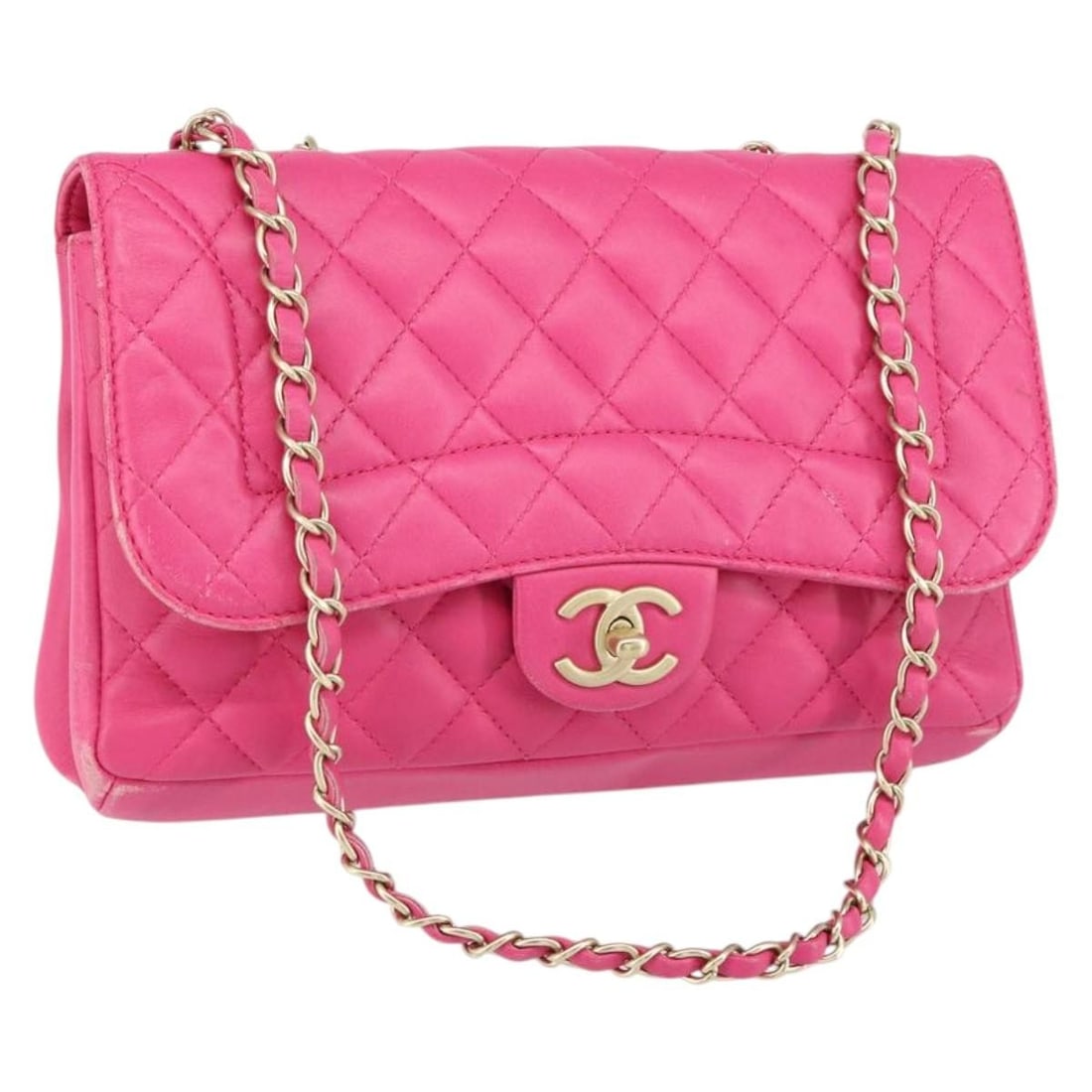 CHANEL Matelasse Mini Shoulder Bag Pink Lambskin CC Chain: CHANEL Matelasse Mini Shoulder Bag Pink Lambskin CC Chain CHANEL Mini Matelasse Chain Shoulder Bag in pink and gold lamb skin, made in Italy. This women's shoulder bag features a chain shoulder strap 