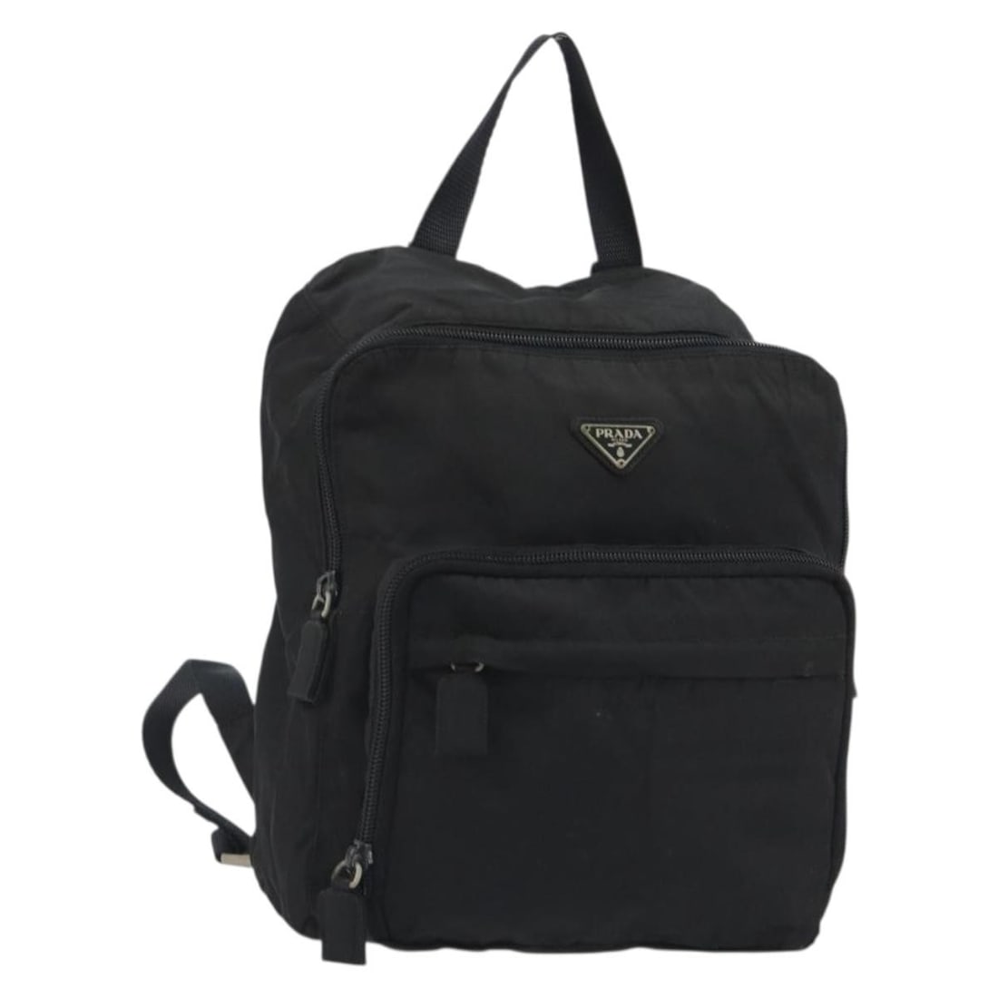 PRADA Black Nylon Backpack Silver Tone Italy: PRADA Black Nylon Backpack Silver Tone Italy PRADA backpack in black and silver nylon, made in Italy. This women's backpack measures approximately 22 cm W x 25 cm H x 9 cm D (8.7 x 9.8 x 3.5 in). It i