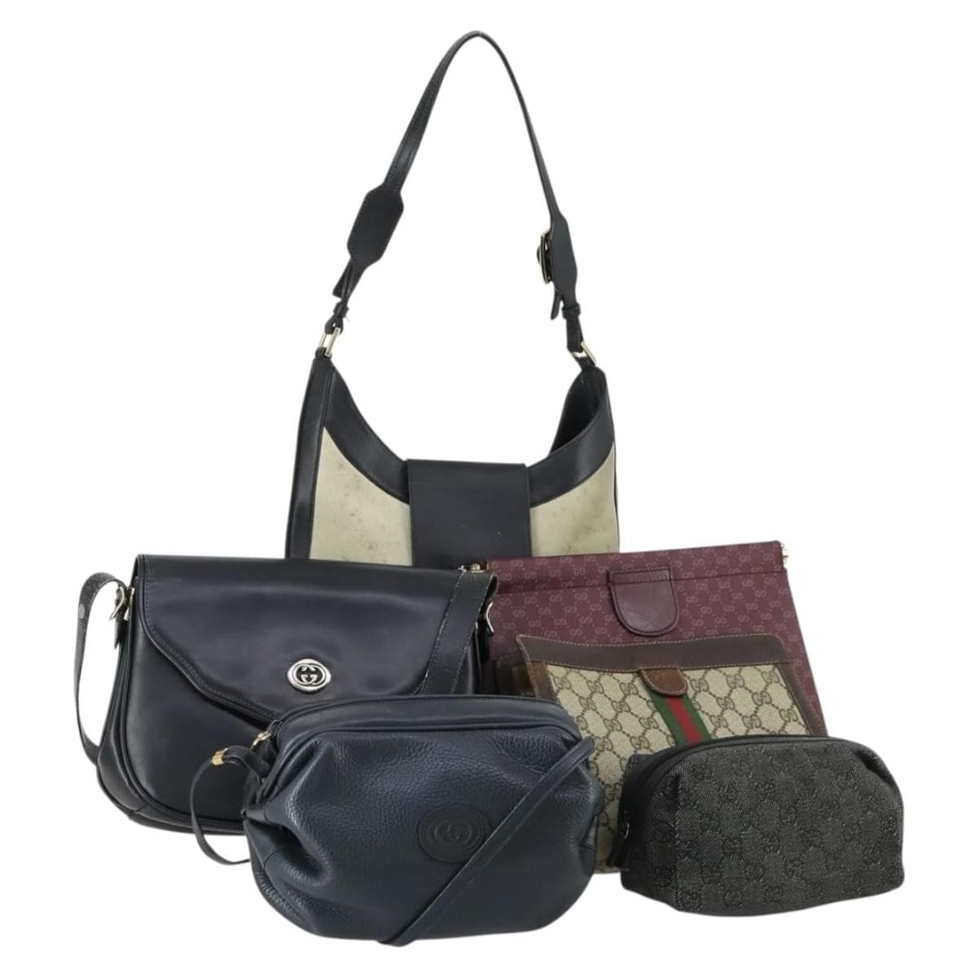 Set of Six Gucci GG Canvas and Leather Shoulder Bags Beige Black Navy: Set of Six Gucci GG Canvas and Leather Shoulder Bags Beige Black Navy This set includes six authentic Gucci GG Canvas shoulder bags crafted from leather and GG canvas in beige, black, and navy. Made i