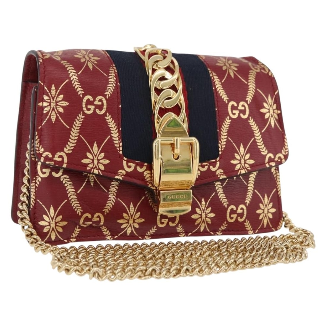Gucci Sylvie Sherry Line Red GG Canvas Leather Shoulder Bag 494646: Gucci Sylvie Sherry Line Red GG Canvas Leather Shoulder Bag 494646 Compact Gucci Sylvie Sherry Line chain shoulder bag in red leather with GG canvas detailing and gold-tone accents. Made in Italy, thi