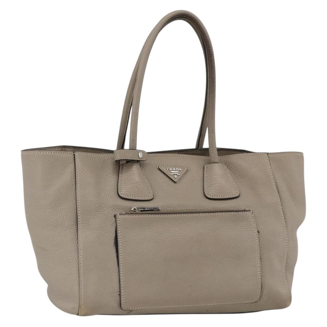 Prada Gray Silver Leather Women's Tote Handbag Italy: Prada Gray Silver Leather Women's Tote Handbag Italy This PRADA tote bag is crafted from gray and silver leather and designed for women. Made in Italy, it features dual top handles and a spacious inte