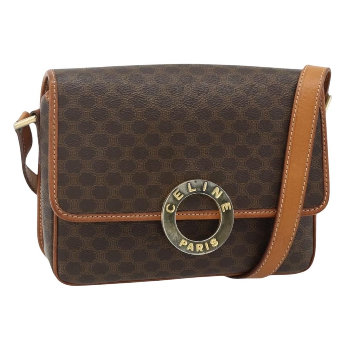 CELINE Macadam Shoulder Bag Brown PVC Leather Gold Tone Hardware: CELINE Macadam Shoulder Bag Brown PVC Leather Gold Tone Hardware Brown and gold CELINE shoulder bag made from PVC leather and Macadam canvas. It measures approximately 22 cm wide, 15 cm high, and 6 cm