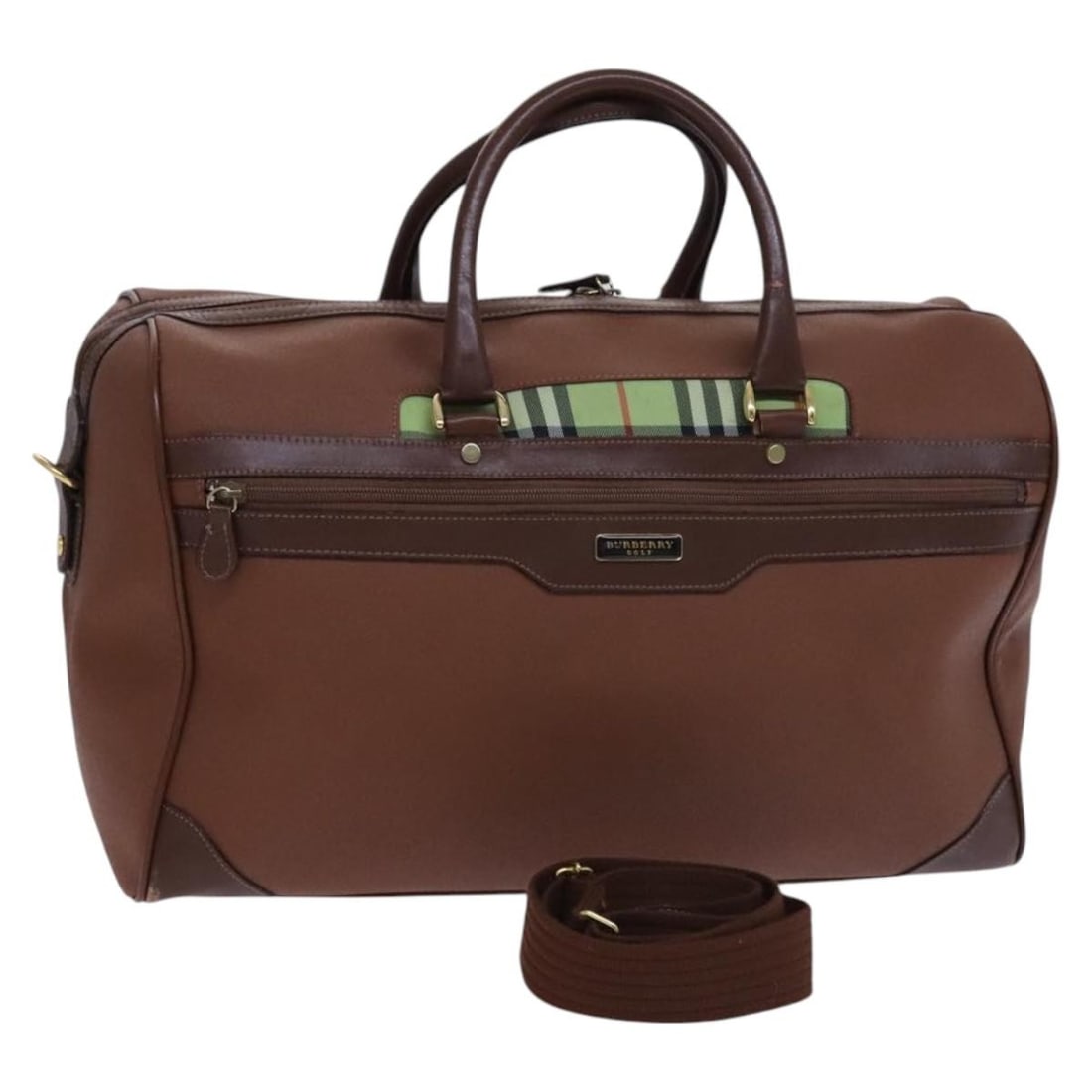 Burberry Brown Green Leather Boston Bag with Shoulder Strap Nova Check: Burberry Brown Green Leather Boston Bag with Shoulder Strap Nova Check This Burberry Boston bag features the iconic Nova Check design in brown and green leather. Designed for women, it offers both han