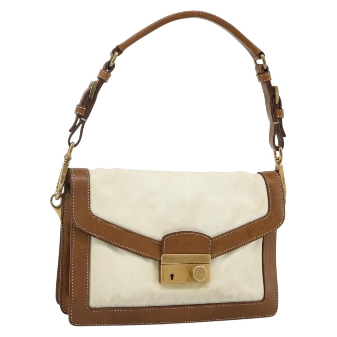 Prada ivory nylon shoulder bag with key and clochette: Prada ivory nylon shoulder bag with key and clochette This PRADA shoulder bag is crafted from nylon in an ivory and gold color scheme. Designed for women, it features a compact silhouette with approxi