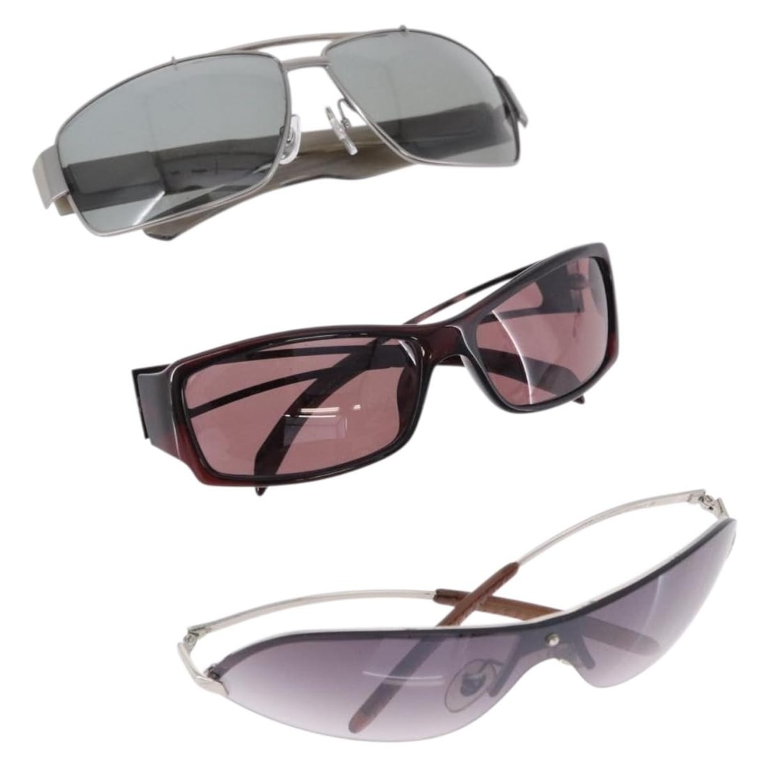 Gucci 3 Piece Sunglasses Bundle Metal Plastic Silver Brown With Case: Gucci 3 Piece Sunglasses Bundle Metal Plastic Silver Brown With Case Gucci sunglasses in silver and brown, made of metal and offered as a special bundle set of 3. The listing includes a sunglass case 