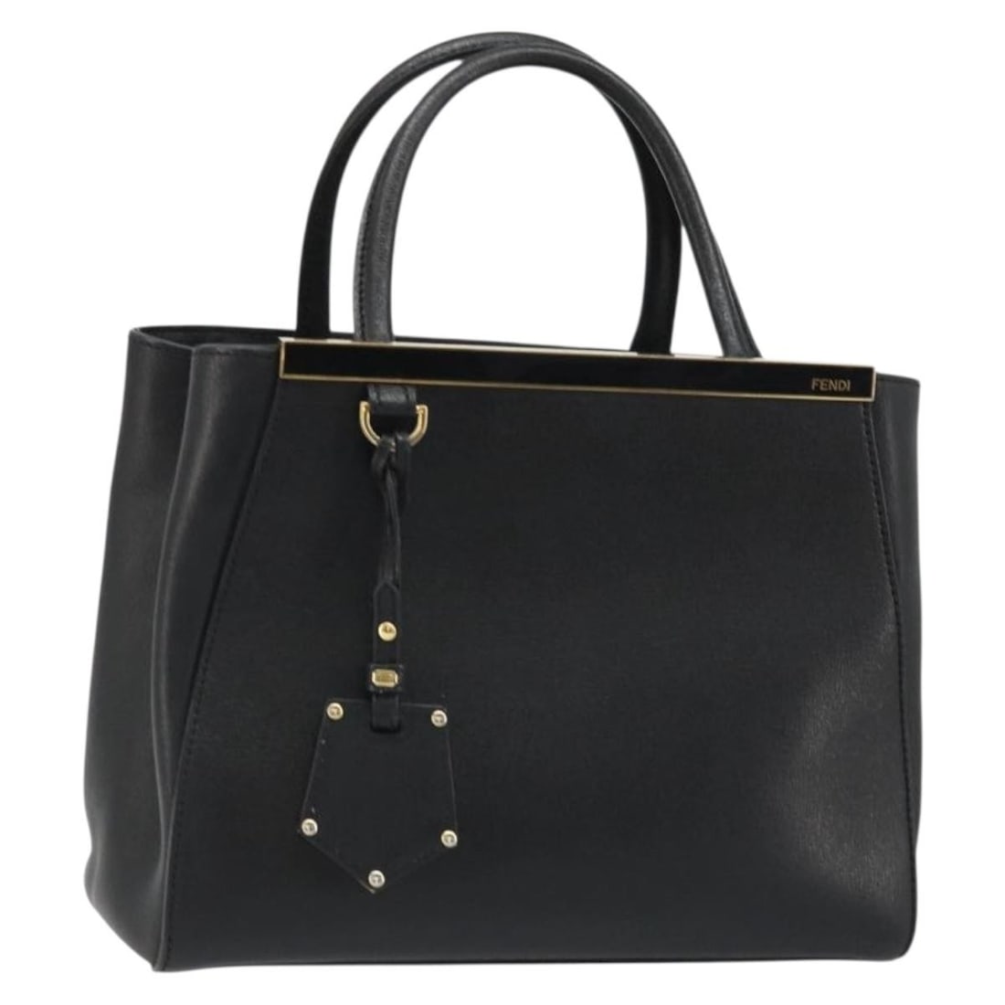 Fendi 2Jours Black Leather Handbag Gold Tone Made in Italy: Fendi 2Jours Black Leather Handbag Gold Tone Made in Italy Black and gold Fendi 2Jours hand bag made of leather, crafted in Italy. It measures approximately W26 cm x H21 cm x D10 cm, with a handle dro