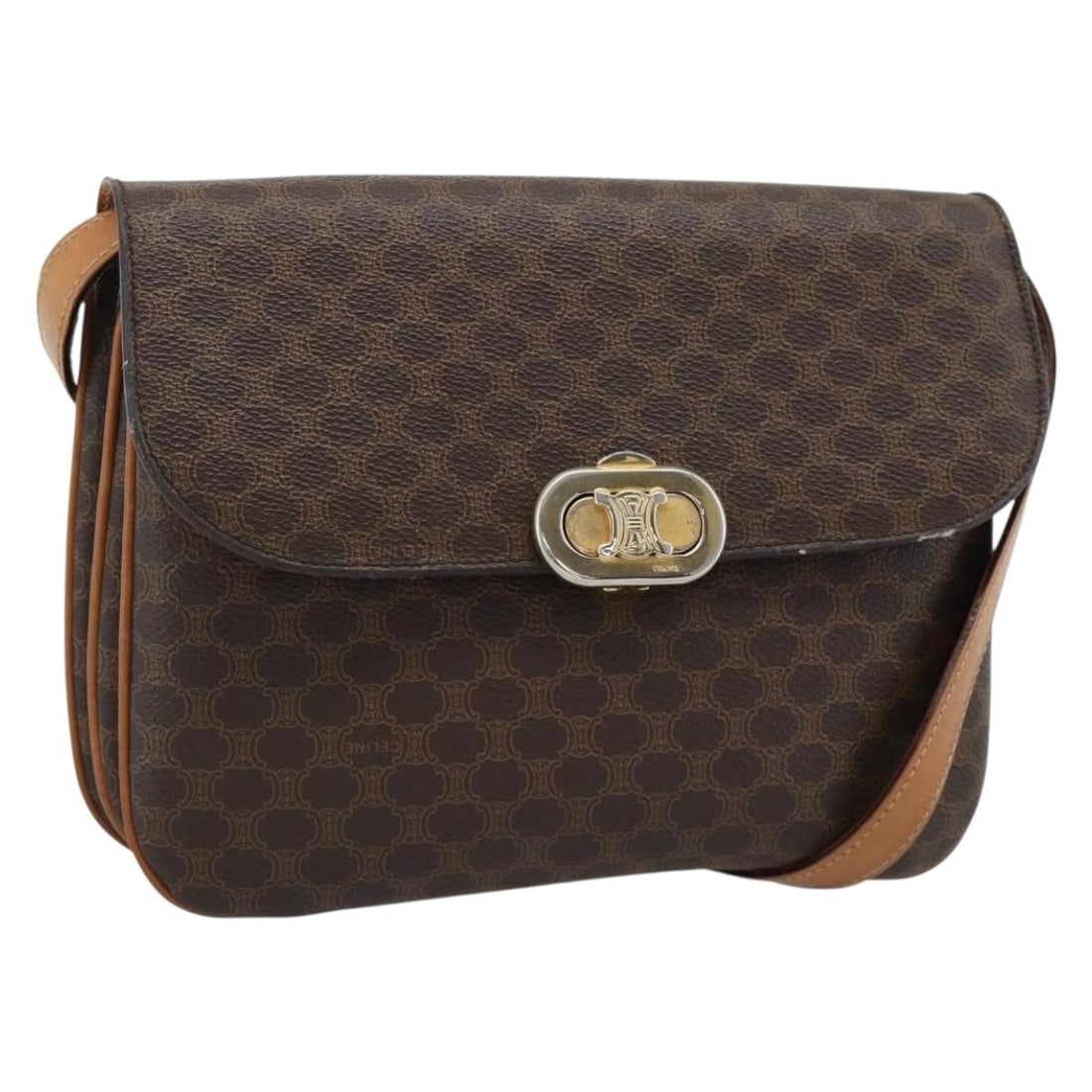 CELINE Macadam PVC Leather Shoulder Bag Brown Gold Tone: CELINE Macadam PVC Leather Shoulder Bag Brown Gold Tone A CELINE Macadam shoulder bag in brown and gold tone, made from PVC leather and Macadam canvas. This women's shoulder bag was manufactured in It