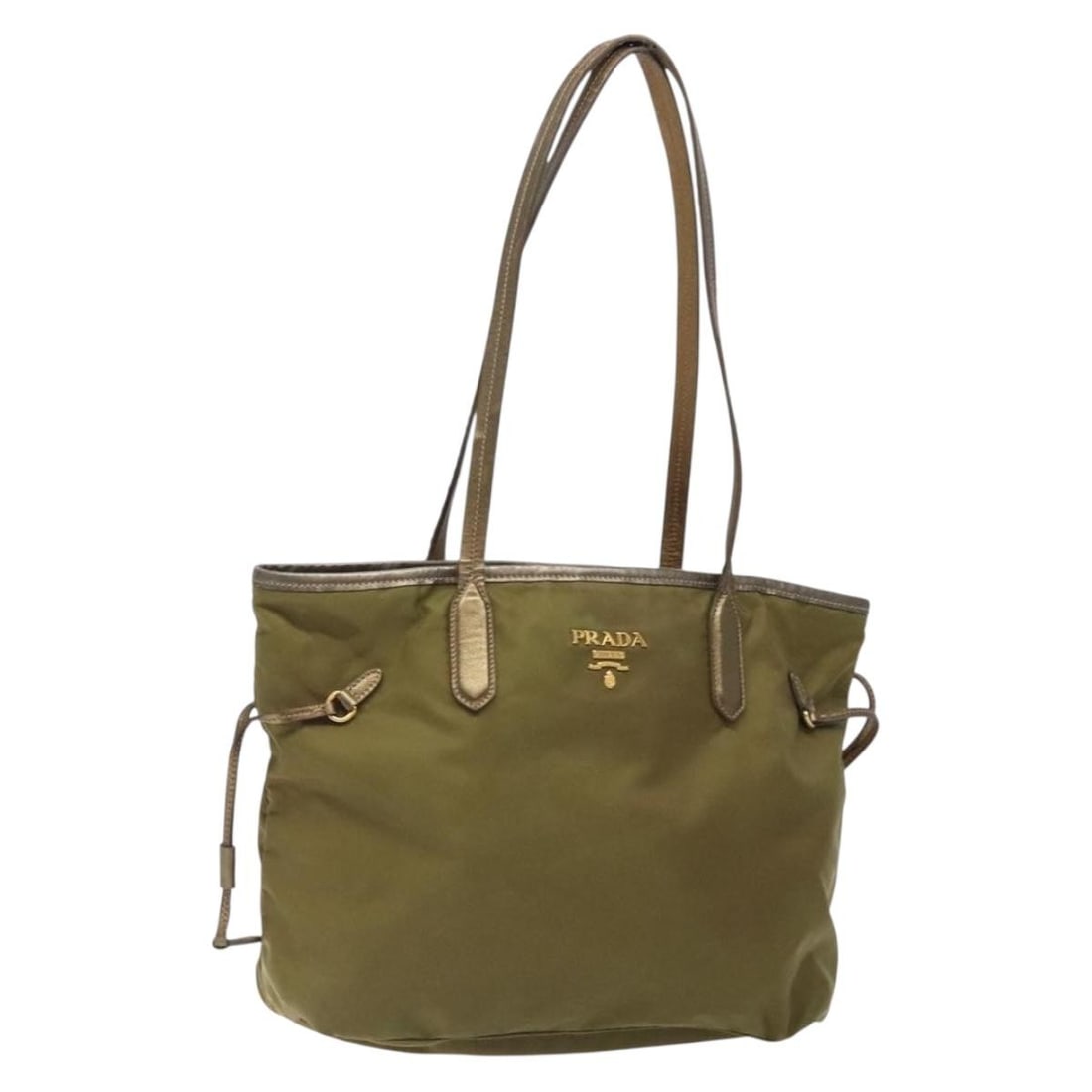 Prada Khaki Nylon Tote Bag with Gold Tone Hardware: Prada Khaki Nylon Tote Bag with Gold Tone Hardware A Prada tote bag in khaki nylon with gold-tone accents. Made in Italy, it measures approximately 29 cm W x 22 cm H x 11 cm D, with a handle drop of a