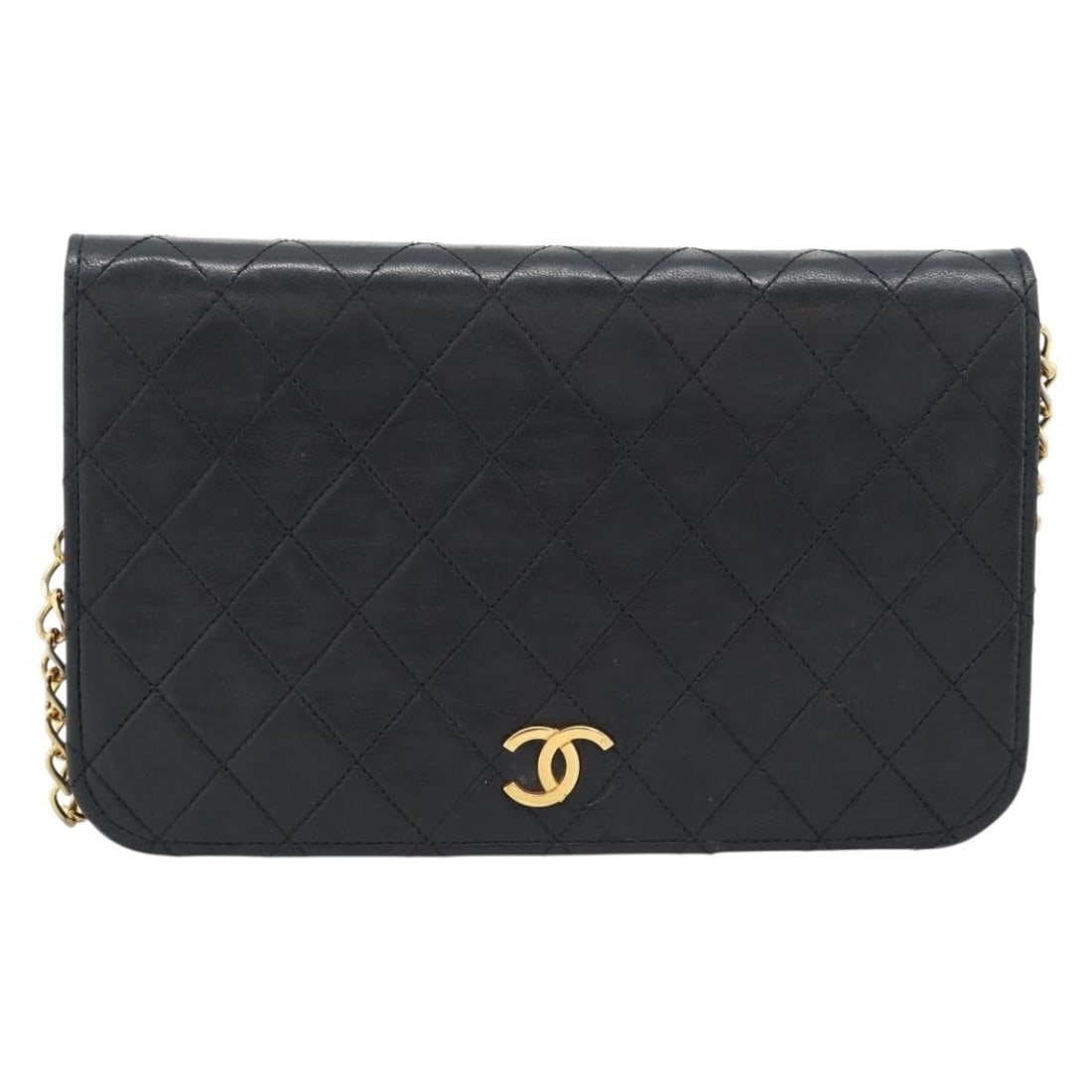 Black Lamb Skin Shoulder Bag CHANEL Matelasse CC Chain Strap: Black Lamb Skin Shoulder Bag CHANEL Matelasse CC Chain Strap A black Chanel Matelasse chain shoulder bag made from lamb skin, crafted in France. The bag measures approximately W24 x H13 x D2 cm with a