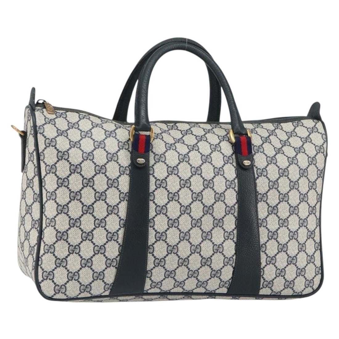 Gucci 39 02 041 GG Supreme Boston Bag Navy Gold PVC Leather: Gucci 39 02 041 GG Supreme Boston Bag Navy Gold PVC Leather Gucci GG Supreme Sherry Line Boston bag in navy and gold PVC leather with GG canvas construction. Made in Italy, this women's bag features a