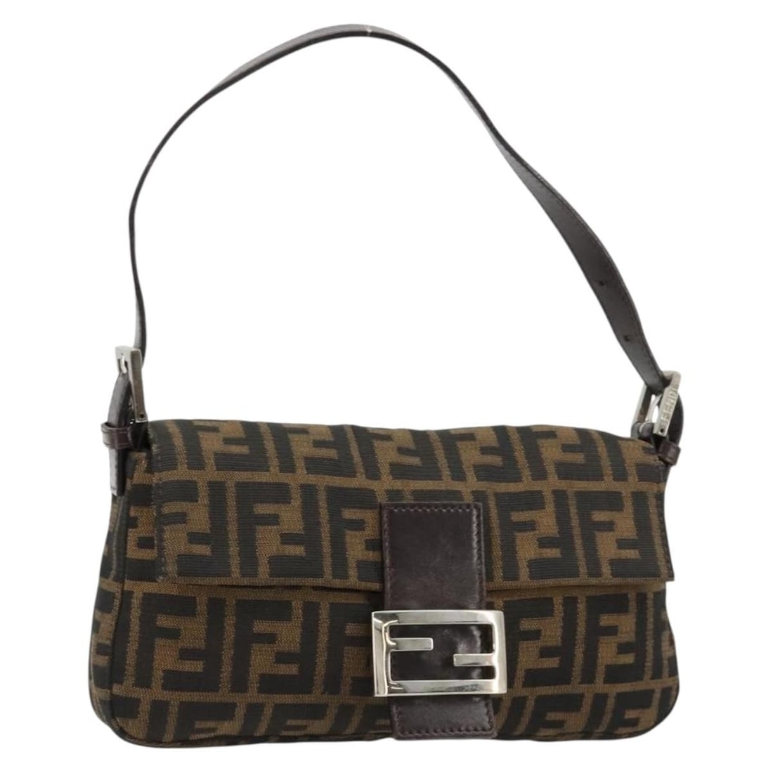 Fendi Mamma Baguette Shoulder Bag in Black Brown Zucca Canvas: Fendi Mamma Baguette Shoulder Bag in Black Brown Zucca Canvas Fendi Mamma Baguette shoulder bag in Zucca canvas with a black and brown exterior. Made in Italy, this women's shoulder bag comes with a d
