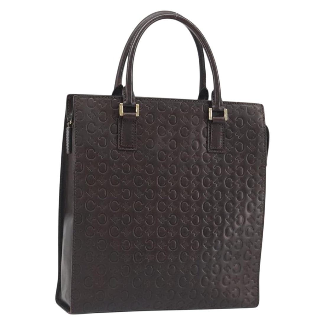 CELINE C Macadam Leather and Canvas Handbag Dark Brown Gold Tone: CELINE C Macadam Leather and Canvas Handbag Dark Brown Gold Tone CELINE hand bag in dark brown and gold, made in Italy from leather and C Macadam canvas. It measures approximately 27 cm W x 29 cm H x 