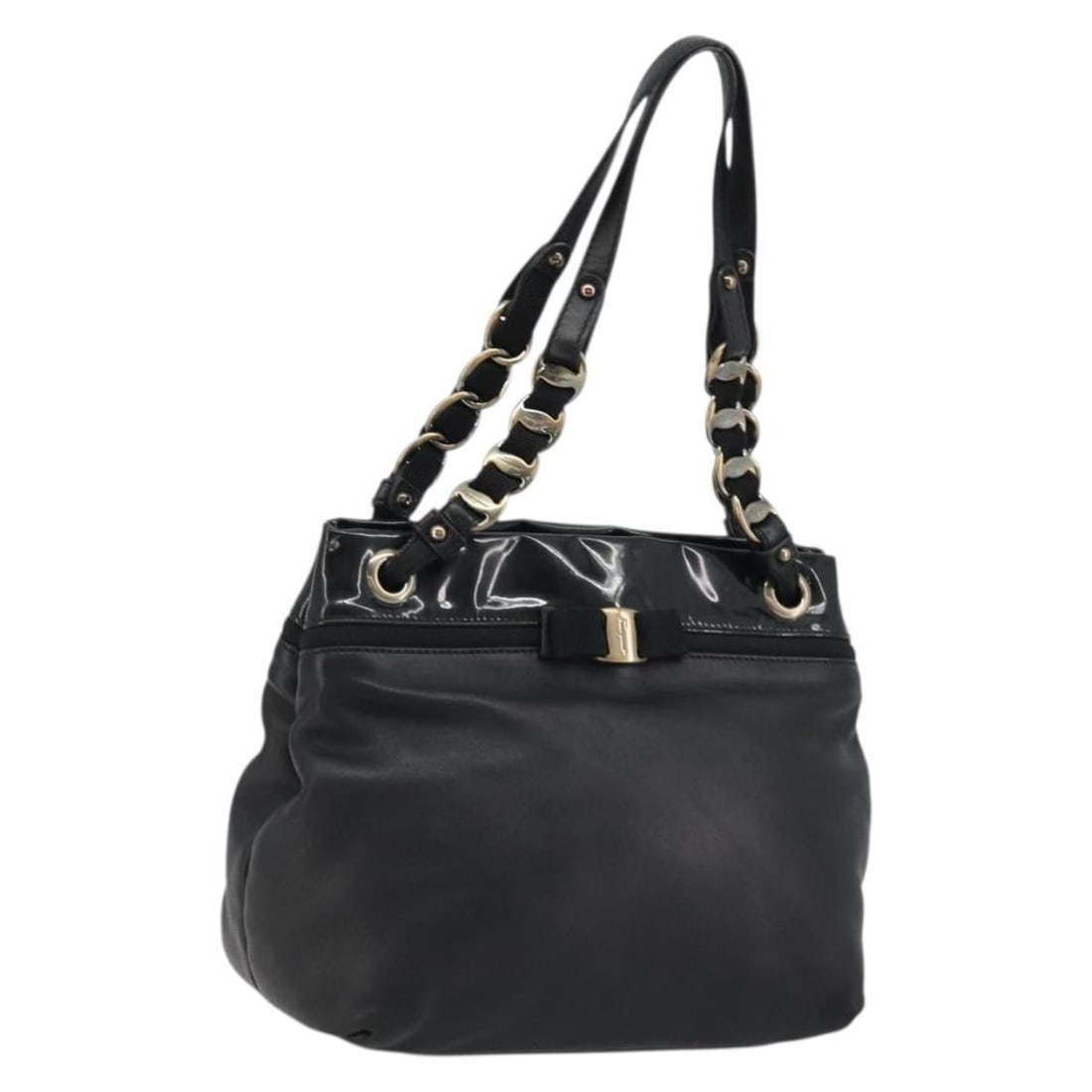 Black Patent Leather Hand Bag Salvatore Ferragamo Gold Tone Italy: Black Patent Leather Hand Bag Salvatore Ferragamo Gold Tone Italy A Salvatore Ferragamo hand bag in black patent leather with gold-tone hardware. It is made in Italy and measures approximately W24 x H