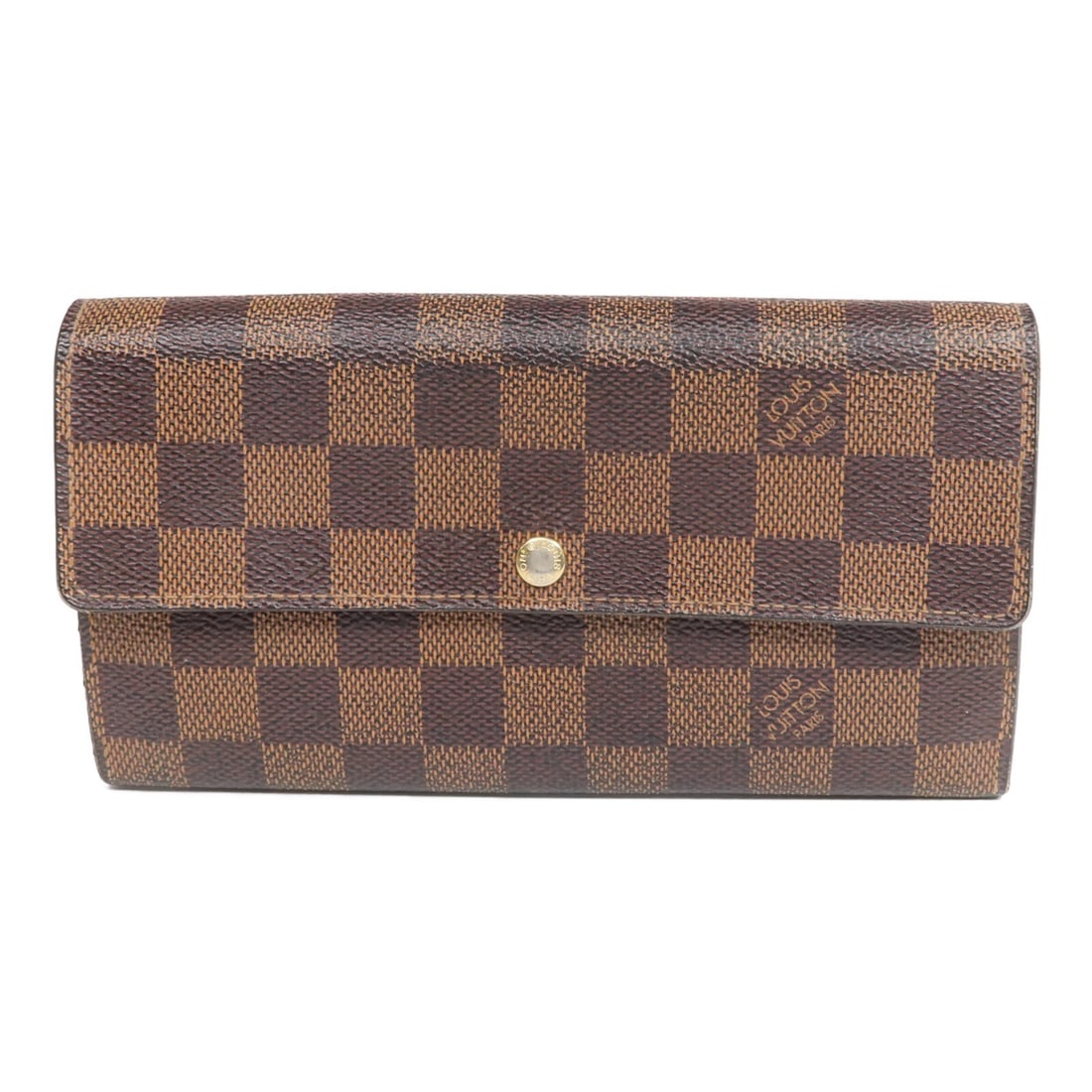 Louis Vuitton Portefeuille Sarah Bifold Wallet N61734 Damier Ebene Brown: Louis Vuitton Portefeuille Sarah Bifold Wallet N61734 Damier Ebene Brown Louis Vuitton Portefeuille Sarah long wallet in Damier Ebene brown with gold-tone hardware. It is a bifold wallet made from PVC