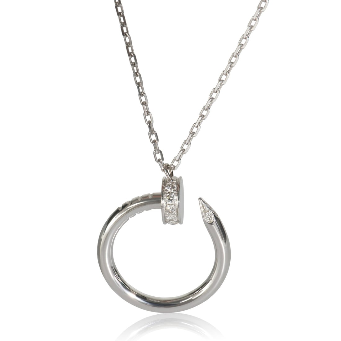 Cartier Juste Un Clou 18k White Gold Diamond Necklace 16 in: Cartier Juste Un Clou 18k White Gold Diamond Necklace 16 in This Cartier Juste Un Clou necklace features an elegant design crafted in 18k white gold, highlighted by round brilliant diamonds with a tot