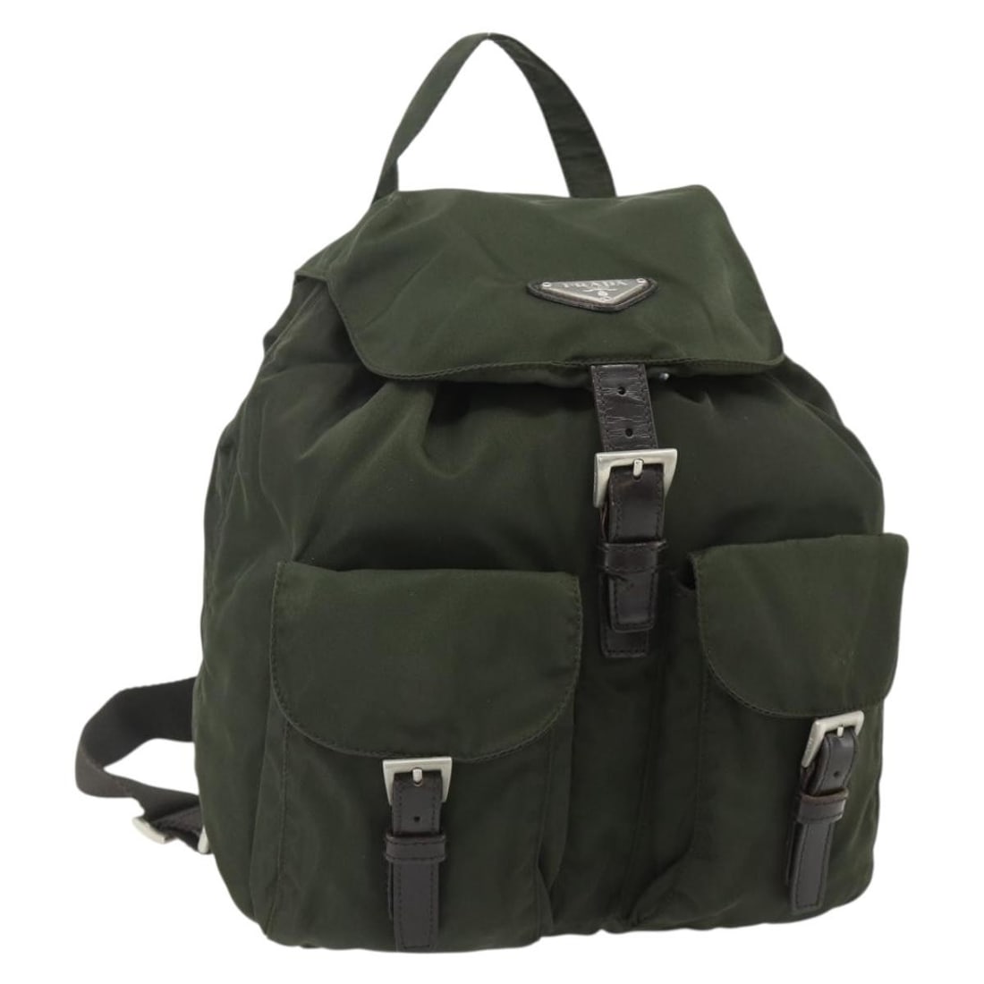 PRADA Nylon Backpack Khaki Silver with Guarantee Card: PRADA Nylon Backpack Khaki Silver with Guarantee Card Authentic Prada nylon backpack in khaki with silver-tone accents, made in Italy. This women's backpack includes the guarantee card. Condition is h