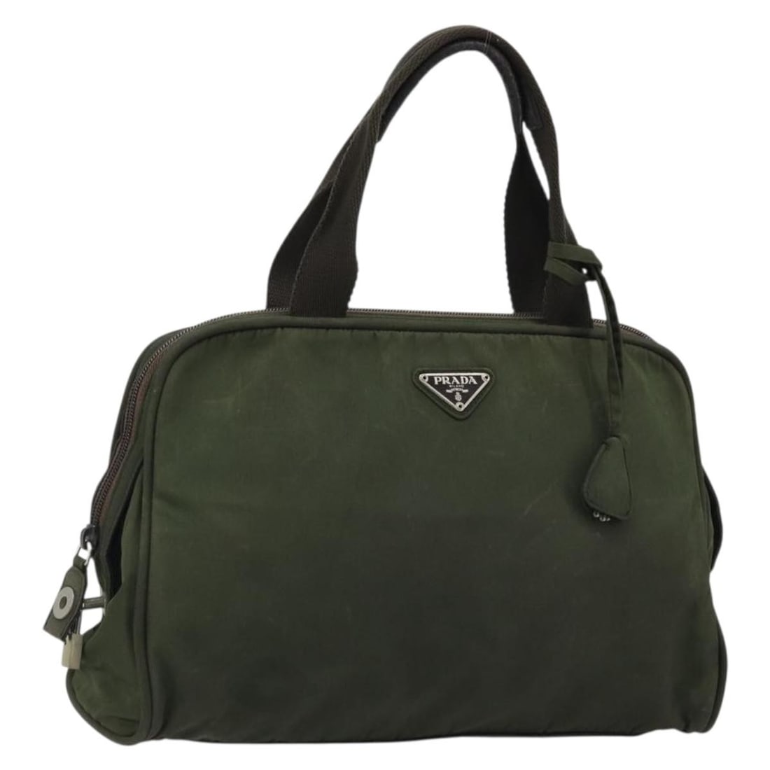 Prada Nylon Khaki Silver Handbag Italy Padlock Keys Clochette: Prada Nylon Khaki Silver Handbag Italy Padlock Keys Clochette This PRADA hand bag is crafted from durable nylon in a khaki and silver color combination. Designed for women, it features a spacious main
