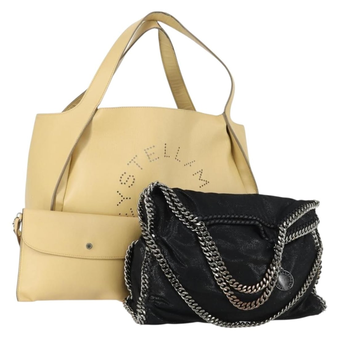 Stella MacCartney Black Beige Shoulder Bag and Pouch Polyester Two Piece Set: Stella MacCartney Black Beige Shoulder Bag and Pouch Polyester Two Piece Set This Stella McCartney shoulder bag set includes a black and beige polyester shoulder bag and a matching pouch. The bag and 