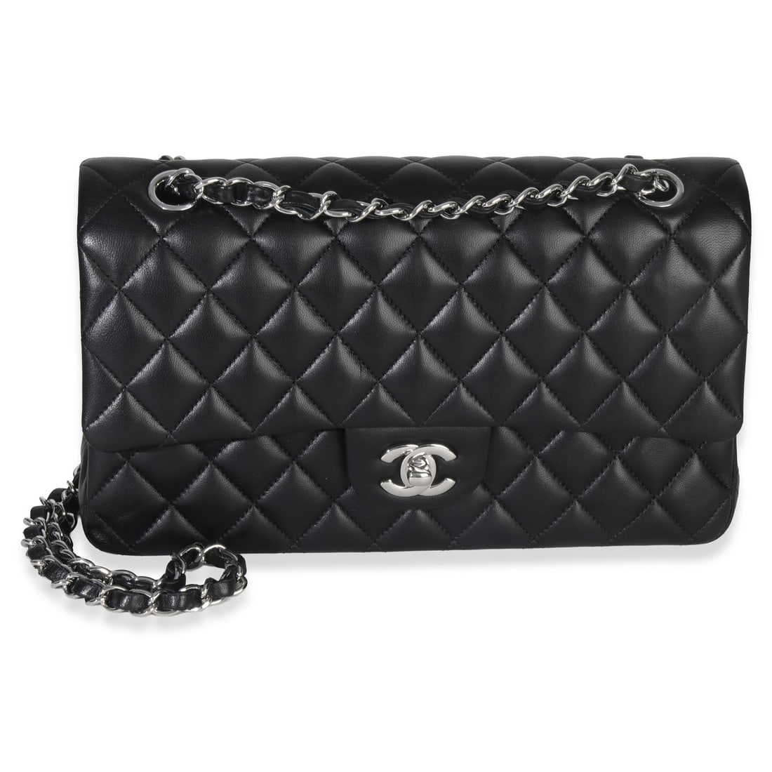 Chanel Medium Classic Double Flap Shoulder Bag Black Quilted Lambskin: Chanel Medium Classic Double Flap Shoulder Bag Black Quilted Lambskin A pre-owned unisex shoulder bag in black quilted lambskin leather with a classic double flap design and turnlock closure. It featu