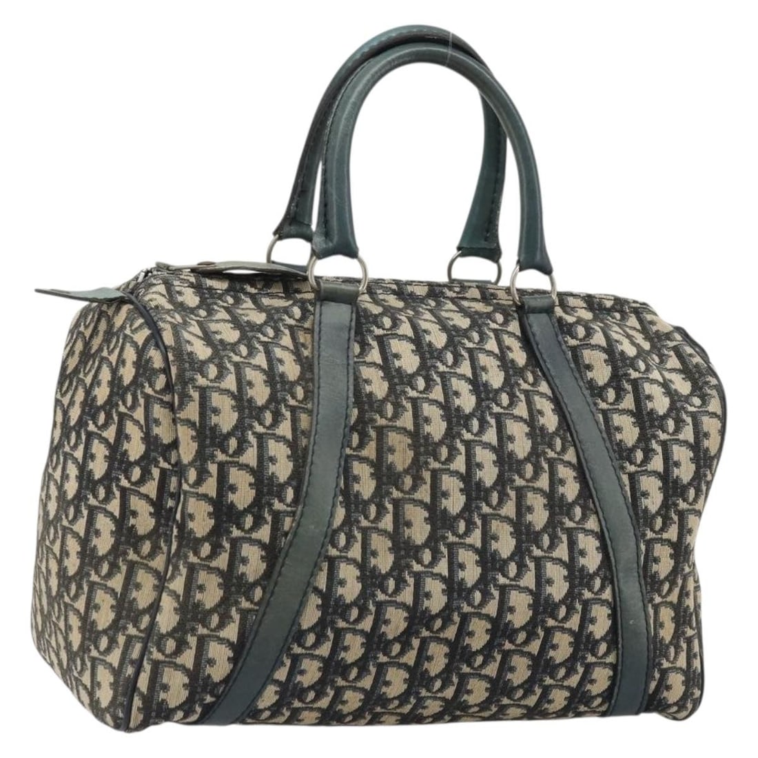 Christian Dior Boston Bag in Navy Silver Trotter Canvas: Christian Dior Boston Bag in Navy Silver Trotter Canvas A Christian Dior Boston bag crafted in Trotter canvas with a navy and silver exterior. Made in France, this women's bag measures approximately 3