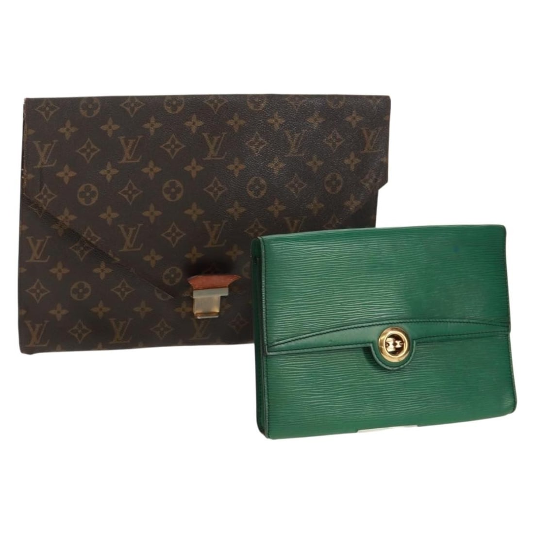 Set of 2 Louis Vuitton Epi Monogram Green Clutch Bags from France: Set of 2 Louis Vuitton Epi Monogram Green Clutch Bags from France This is a set of two Louis Vuitton Monogram Epi clutch bags in green, crafted from monogram canvas. Both clutches are heavily used and