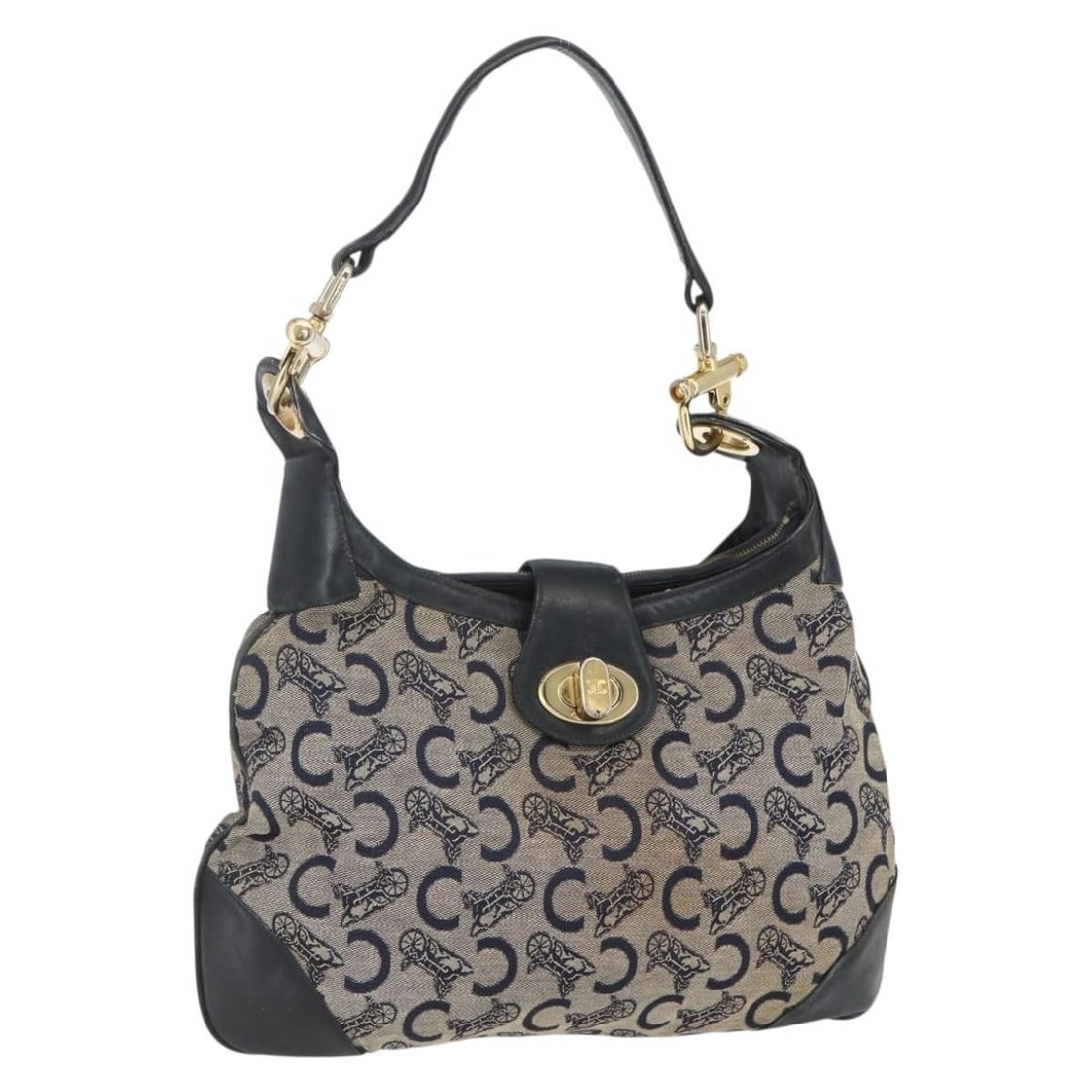 CELINE C Sulky Navy Canvas Shoulder Bag Gold Tone: CELINE C Sulky Navy Canvas Shoulder Bag Gold Tone This CELINE C Sulky shoulder bag is crafted in navy and gold canvas/C Macadam canvas. It features a shoulder bag style with an approximate shoulder dr