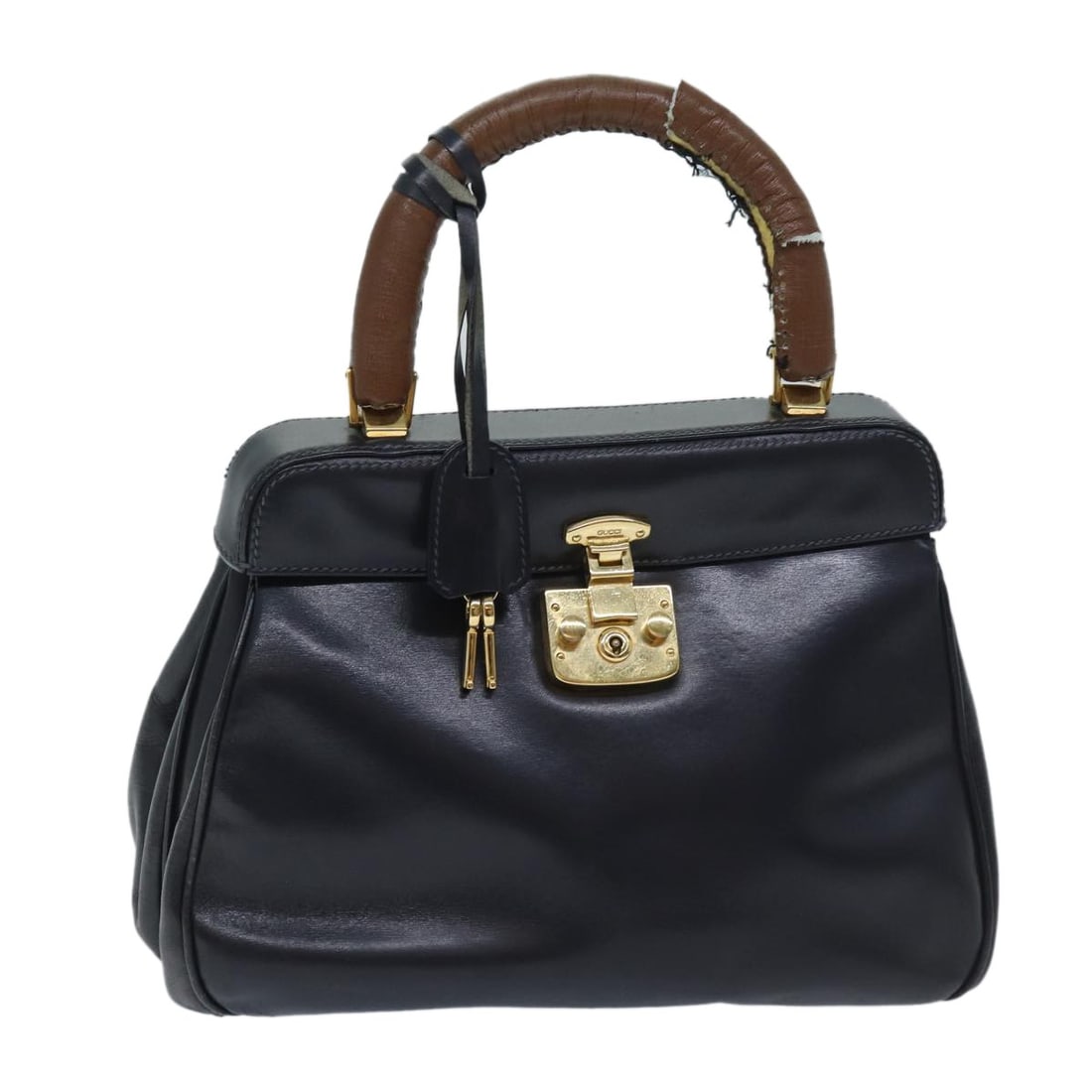 Gucci navy leather Ready Lock handbag with keys and clochette: Gucci navy leather Ready Lock handbag with keys and clochette This GUCCI Ready Lock handbag is crafted from navy leather and features a structured silhouette. Designed for women, it offers a spacious 