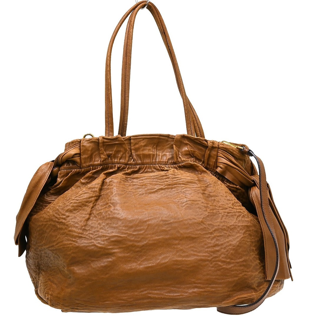 PRADA 2way Brown Leather Tote Handbag with Shoulder Strap: PRADA 2way Brown Leather Tote Handbag with Shoulder Strap Prada 2way tote handbag in brown leather with a medium-sized silhouette and black canvas lining. This women's bag includes a shoulder strap an