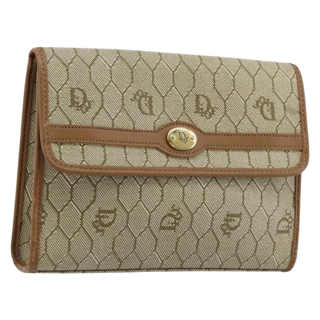 Christian Dior Beige Gold Honeycomb Canvas PVC Leather Pouch: Christian Dior Beige Gold Honeycomb Canvas PVC Leather Pouch This Christian Dior pouch features the iconic honeycomb canvas design with beige and gold PVC leather accents. Made in France, it is crafte