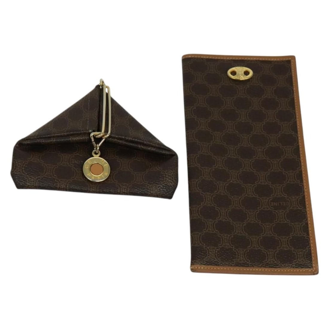 CELINE Brown PVC Leather Macadam Canvas Wallet Set of 2 Authentic: CELINE Brown PVC Leather Macadam Canvas Wallet Set of 2 Authentic This CELINE Macadam Canvas Wallet is a stylish accessory that embodies luxury and functionality. Crafted in Italy, this wallet feature