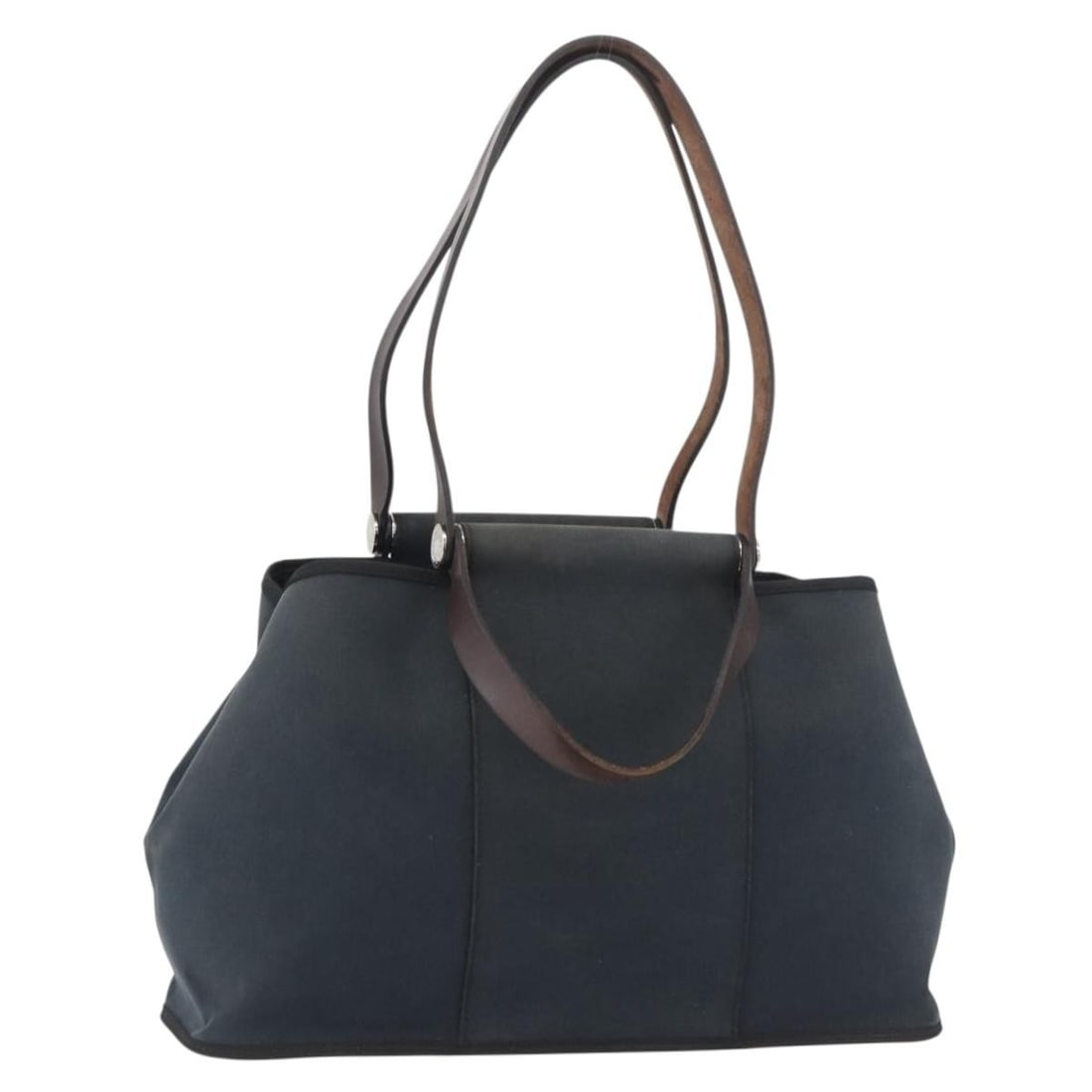HERMES Cabak Elan Canvas Handbag Silver Navy France: HERMES Cabak Elan Canvas Handbag Silver Navy France Hermes Cabak Elan handbag in silver and navy canvas, made in France. This women's handbag features a structured everyday silhouette with both handle