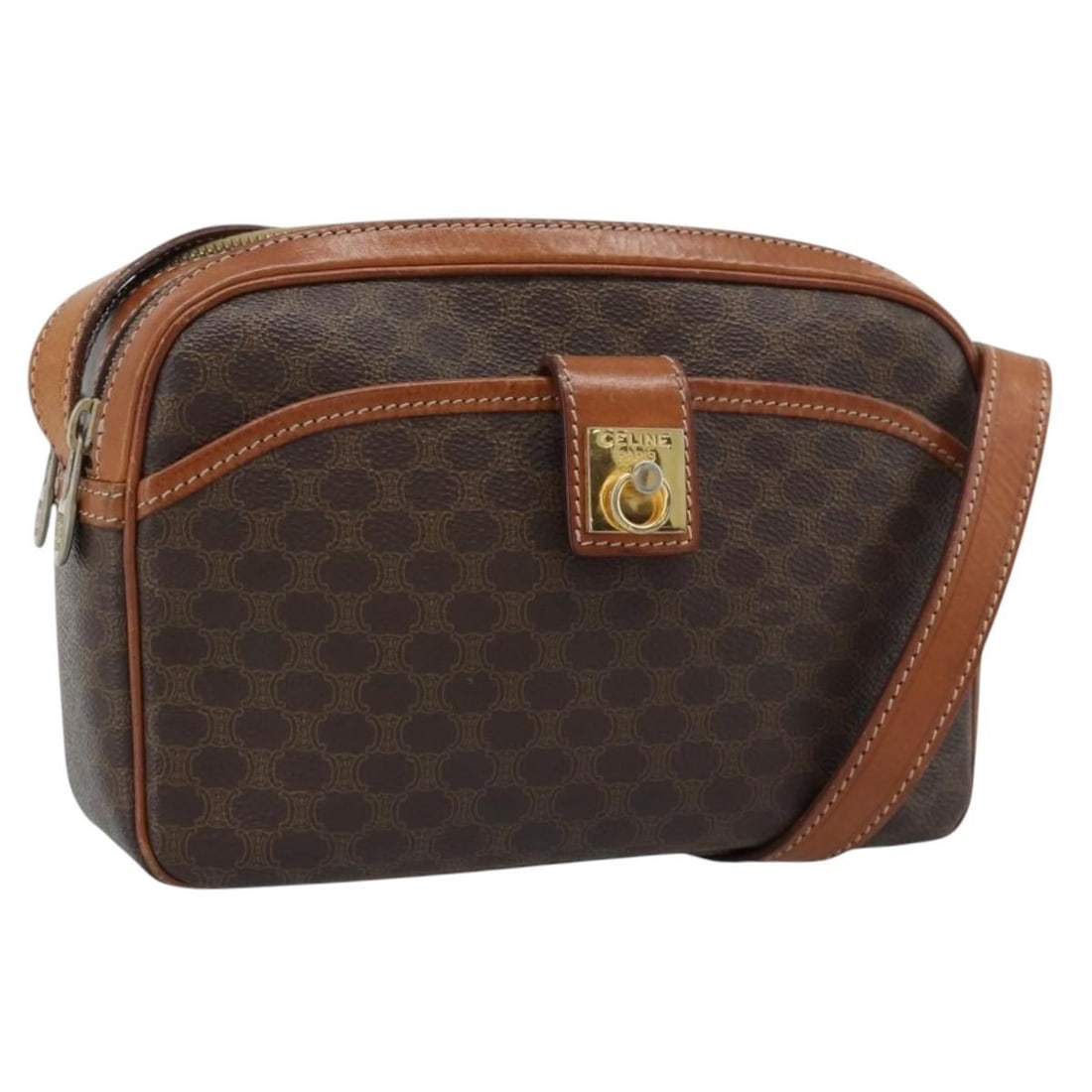 Celine Macadam PVC Leather Shoulder Bag Brown Gold Tone: Celine Macadam PVC Leather Shoulder Bag Brown Gold Tone Brown and gold CELINE shoulder bag made from PVC leather and Macadam canvas. Made in Italy, it features a shoulder strap with an approximate dro