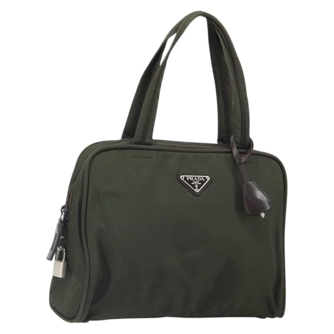 Prada Khaki Nylon Handbag with Silver Tone Accents and Padlock: Prada Khaki Nylon Handbag with Silver Tone Accents and Padlock This PRADA handbag features a khaki nylon exterior complemented by silver-tone accents. Designed for everyday use, the bag includes a spa