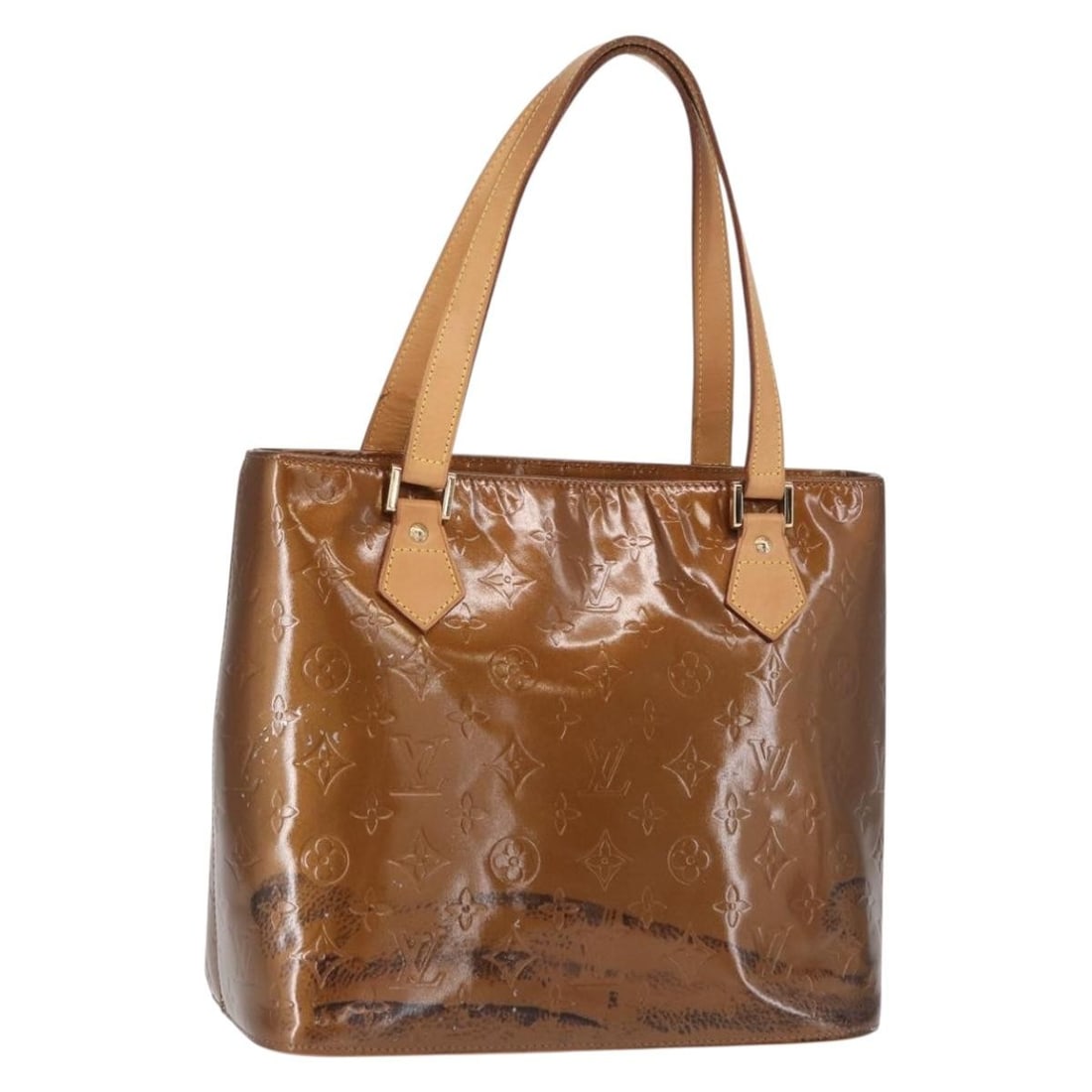 Louis Vuitton Houston Bronze Patent Leather Handbag Monogram Vernis M91122: Louis Vuitton Houston Bronze Patent Leather Handbag Monogram Vernis M91122 This Louis Vuitton Houston handbag features the iconic Monogram Vernis patent leather in a bronze color. The bag is crafted i